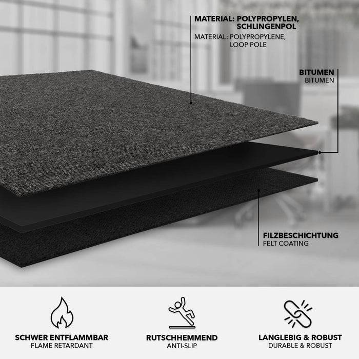 FLOORDIREKT Teppichfliesen Moscow - Aus pflegeleichtem Schlingenflor - Ideal für Büro, Wohn- oder Kinderzimmer - 50 x 50 cm - Dunkelgrau