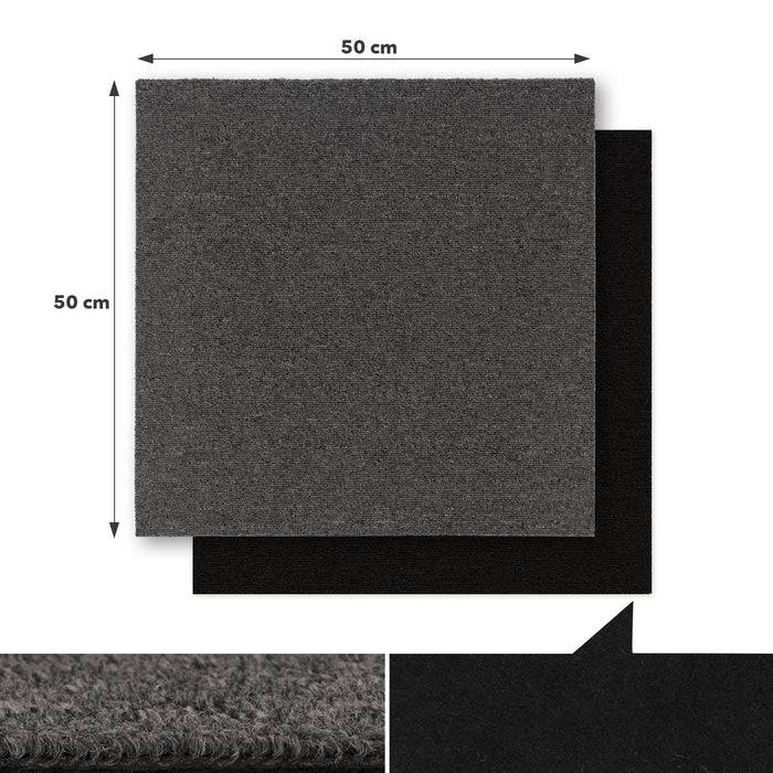 Zwei quadratische Filzpads, je 50 cm x 50 cm, in Dunkelgrau und Schwarz. Die Nahaufnahme zeigt Texturdetails auf der linken Seite und eine Eckenansicht auf der rechten Seite.