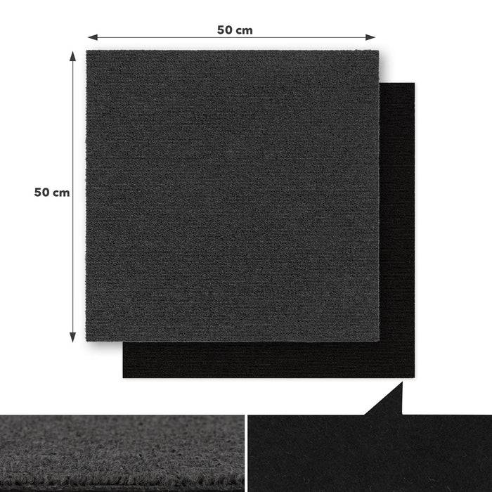 Ein schwarzer quadratischer Teppichfliesenboden mit den Maßen 50 cm x 50 cm mit sichtbarer Textur; Abmessungen durch Pfeile oben und auf der linken Seite gekennzeichnet.