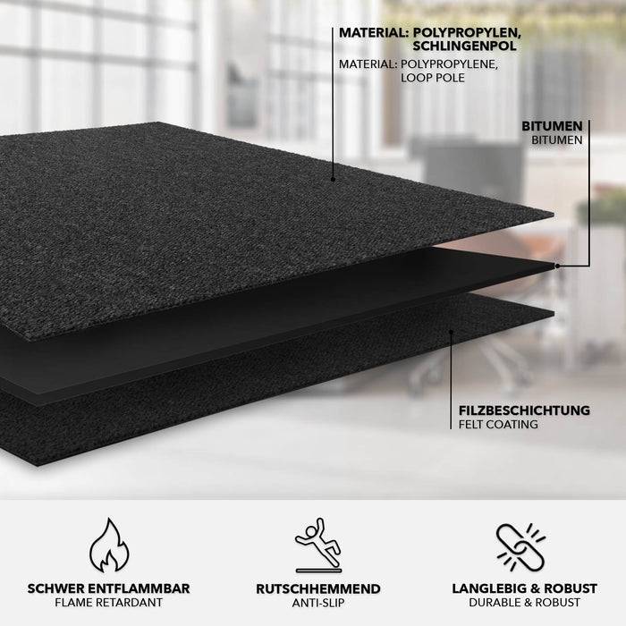 FLOORDIREKT Teppichfliesen Moscow - Aus pflegeleichtem Schlingenflor - Ideal für Büro, Wohn- oder Kinderzimmer - 50 x 50 cm - Anthrazit