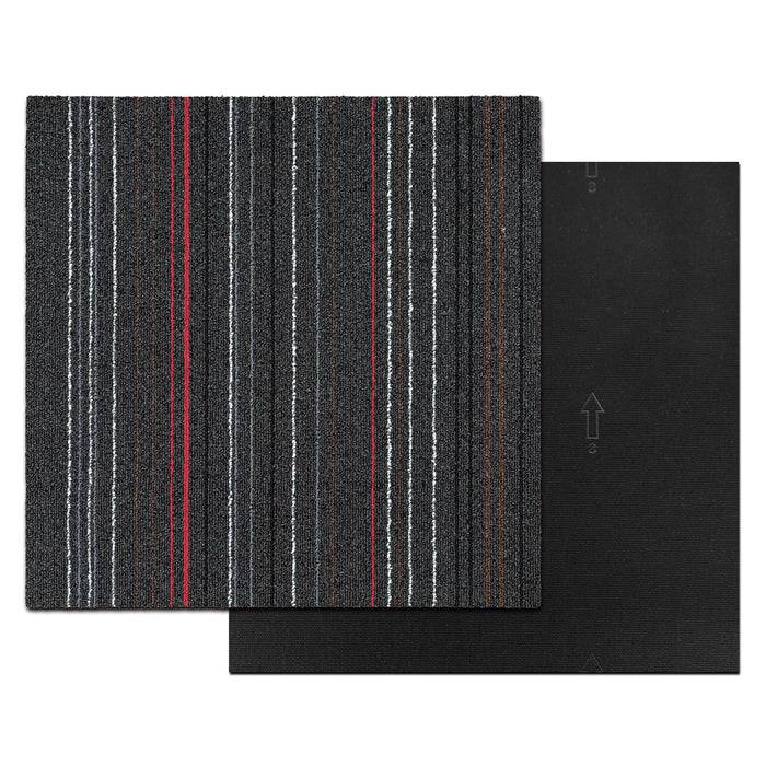 Teppichfliesen mit dunkelgrauem Untergrund und vertikalen roten, weißen und hellgrauen Streifen. Geeignet für moderne Bürobodenbeläge.