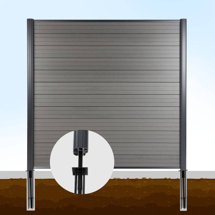 Ein ausziehbarer Datenschutzbildschirm mit einer Nahaufnahme des Spannverschlussmechanismus am unteren Ende, vor einem klaren Himmel.