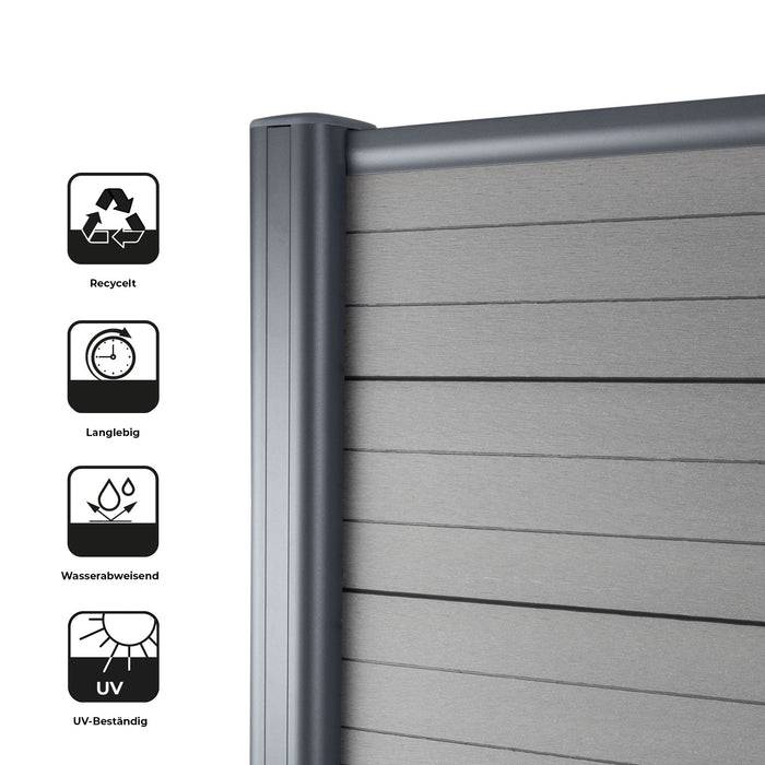 Ein graues, vertikales Zaunfeld wird gezeigt. Symbole zeigen Eigenschaften an: recycelbar, langlebig, wasserbeständig und UV-beständig.
