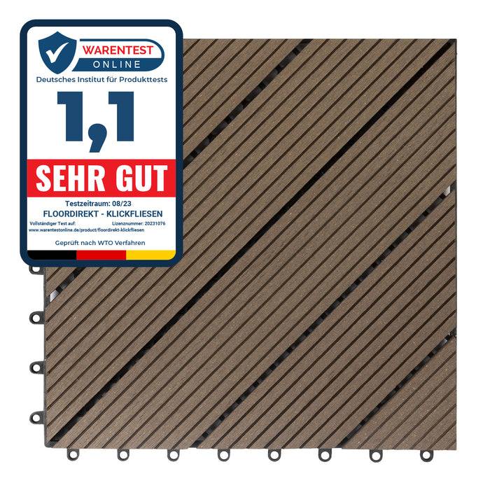 Eine braune verschlossene Bodenfliese mit einem Testlabel von 'Warentest Online', bewertet mit '1,1 Sehr Gut', was 'sehr gut' bedeutet, datiert 08/23.