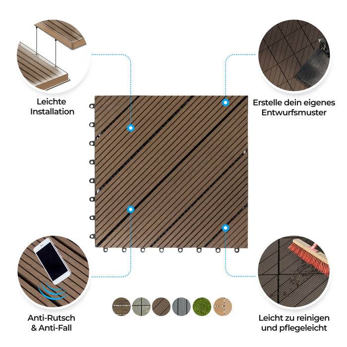 Bodenlegesystem mit modularem Design; hervorzuhebende Merkmale sind einfache Installation, individuelle Muster, rutschfeste Oberfläche und einfache Wartung.