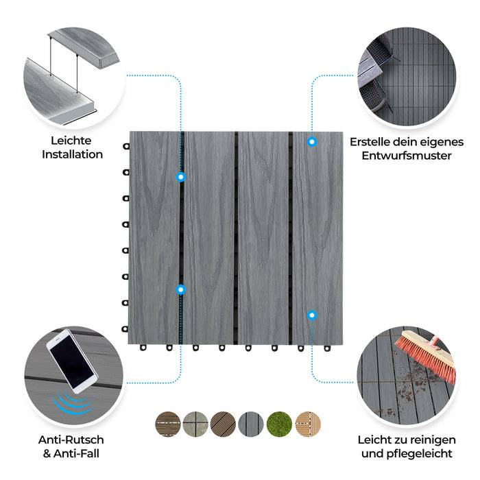 Verschlungene Terrassenplatten in Grau mit Diagrammen, die Merkmale zeigen: einfache Installation, rutschfest, anpassbares Design, leicht zu reinigen.