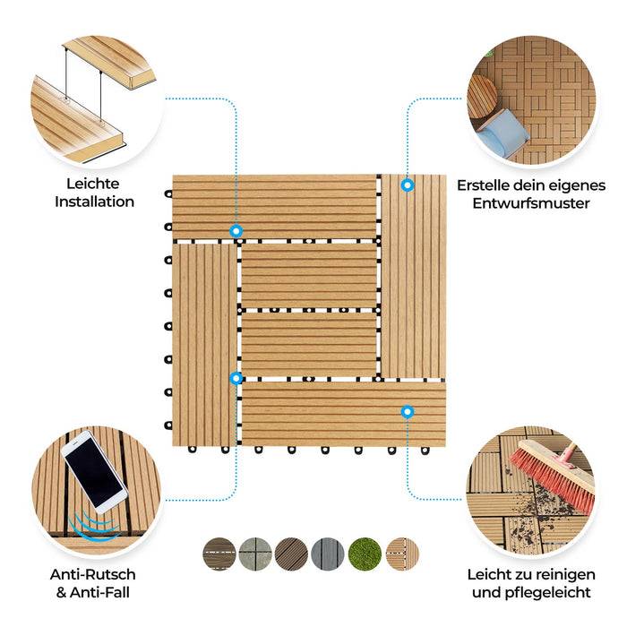 Diagramm für Holzfußbodenplatten mit modularem Design und Funktionen: 'Einfache Installation', 'Rutschfest & Sturzschutz', 'Erstellen Sie Ihr eigenes Designmuster', 'Leicht zu reinigen und wartungsarm'.