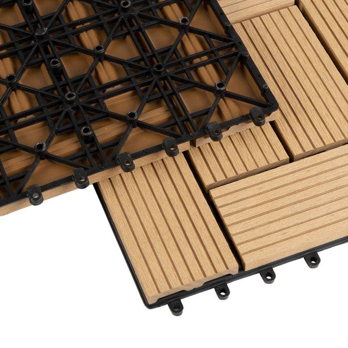 Sich überlappende braune und schwarze Bodenfliesen mit strukturierter Oberfläche, zeigend montierte und unmontierte Teile.