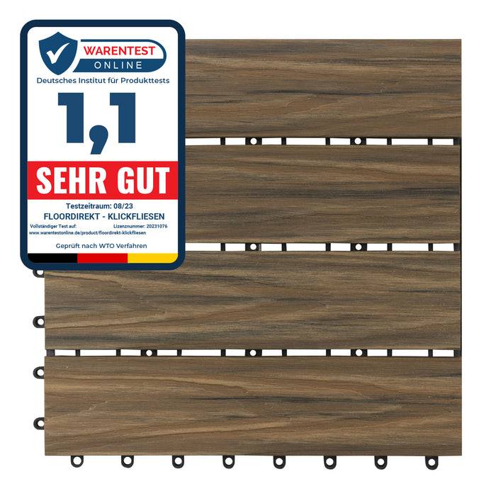 Holzdielen-Terrassenplatten mit einer '1,1 Sehr Gut'-Bewertung angezeigt, die auf hohe Qualität von Warentest hindeutet.