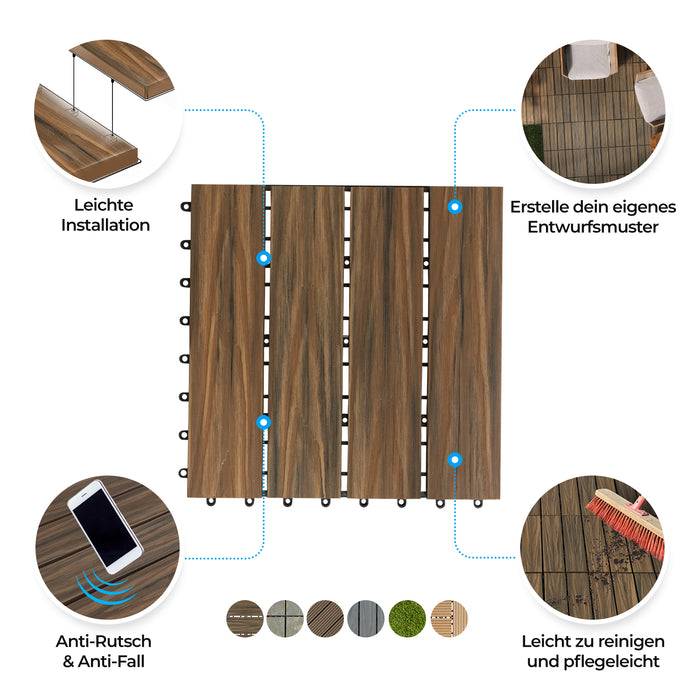 Holzinterlock-Fliesen in der Mitte gezeigt mit Farboptionen darunter. Der Text hebt einfache Installation, „Erstellen Sie Ihr eigenes Muster