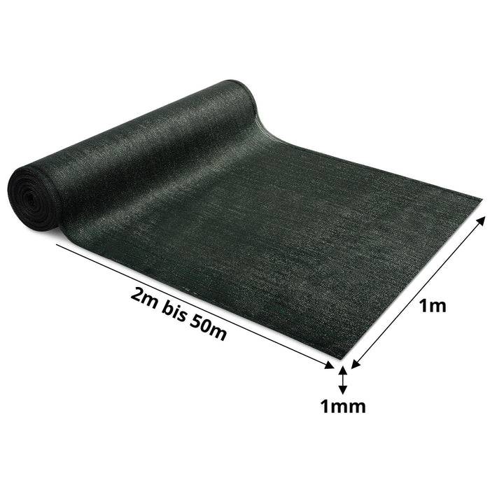Eine Rolle schwarzen Stoffs, die 2m bis 50m in der Länge, 1m in der Breite und 1mm dick misst, teilweise entrollt, um Textur und Dicke zu offenbaren.