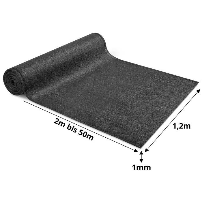 Ein ausgerolltes schwarzes Maschenstoff, 1 mm dick, mit beschrifteten Abmessungen: Breite 2 m bis 50 m und Länge 1,2 m.