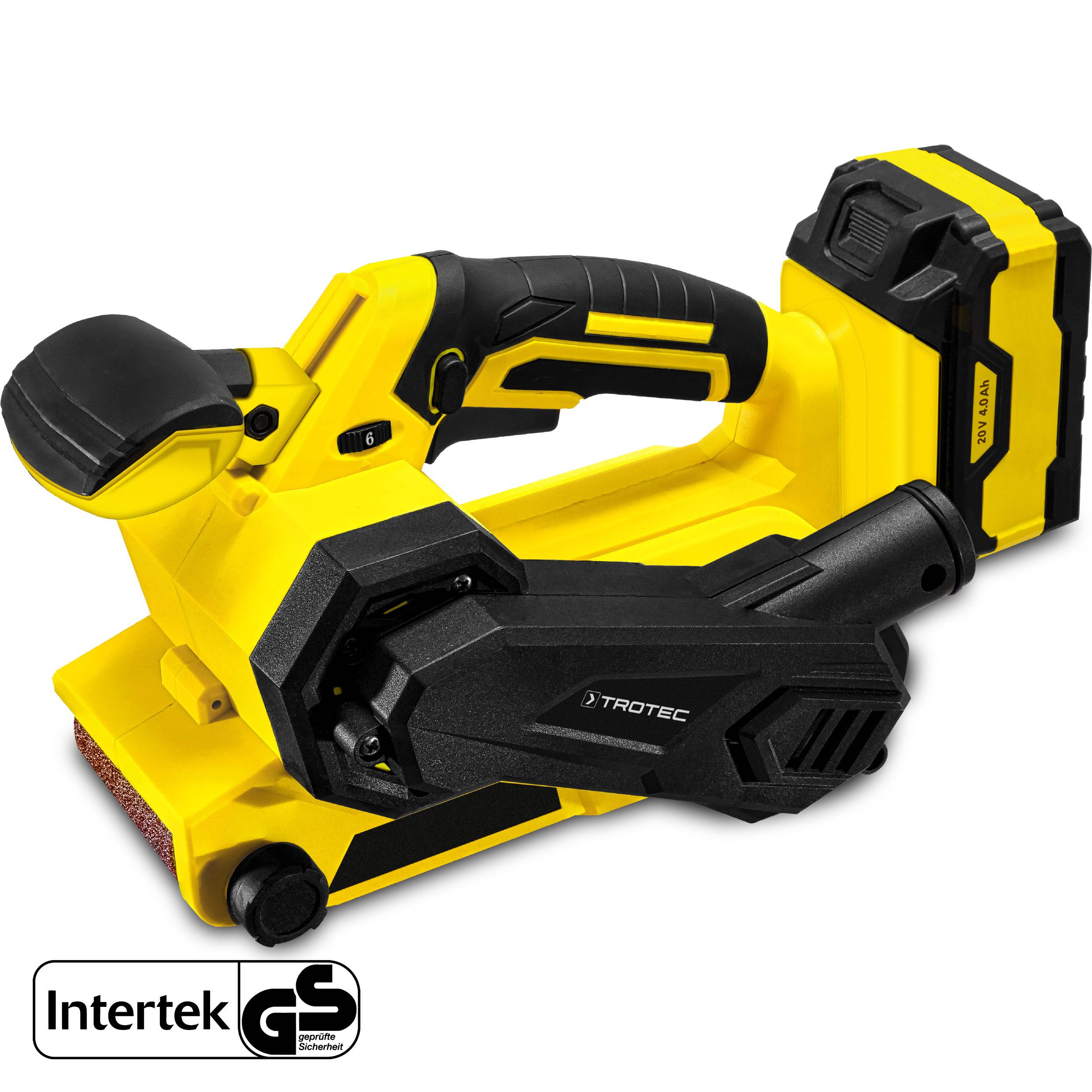 TROTEC Akku Bandschleifer PBSS 10-20V – Schleifer 94 Watt, Multi Akku 20 V 4 Ah, Drehzahlstufe 1.030-3.020 U/min, Schleiffläche: 75 x 120 mm