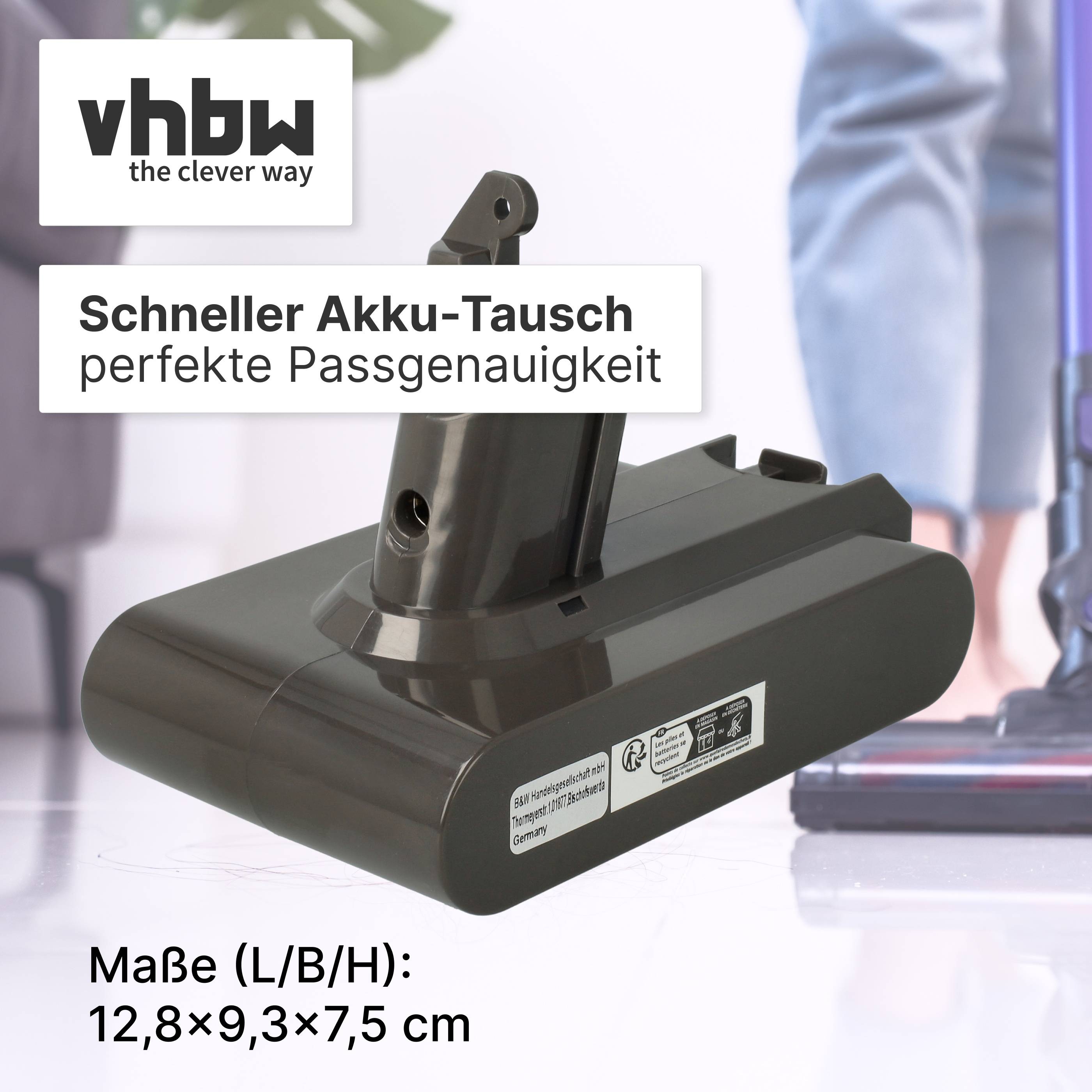 vhbw Akku für Elektrowerkzeug, beschriftet mit „Schneller Akku-Tausch" und „perfekte Passgenauigkeit"", mit den Abmessungen 12,8 × 9,3 × 7,5 cm.