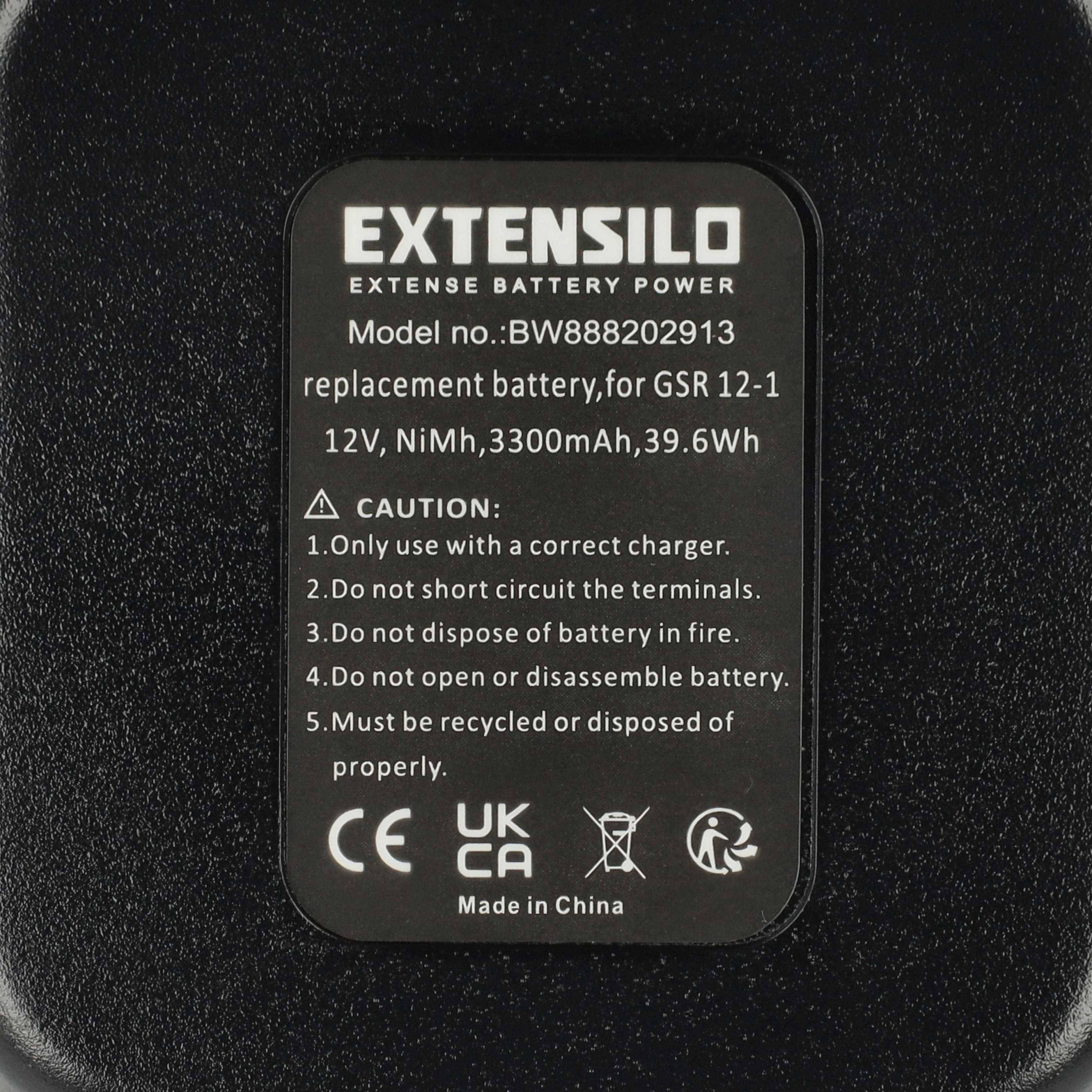 Extensilo Batterieaufkleber: Modell BW888202913 für GSR 12-1, 12V, NiMH, 3300mAh, 39,6Wh. Warnung: Wie angewiesen verwenden, Kurzschlüsse vermeiden, ordnungsgemäße Entsorgung erforderlich. Hergestellt in China.