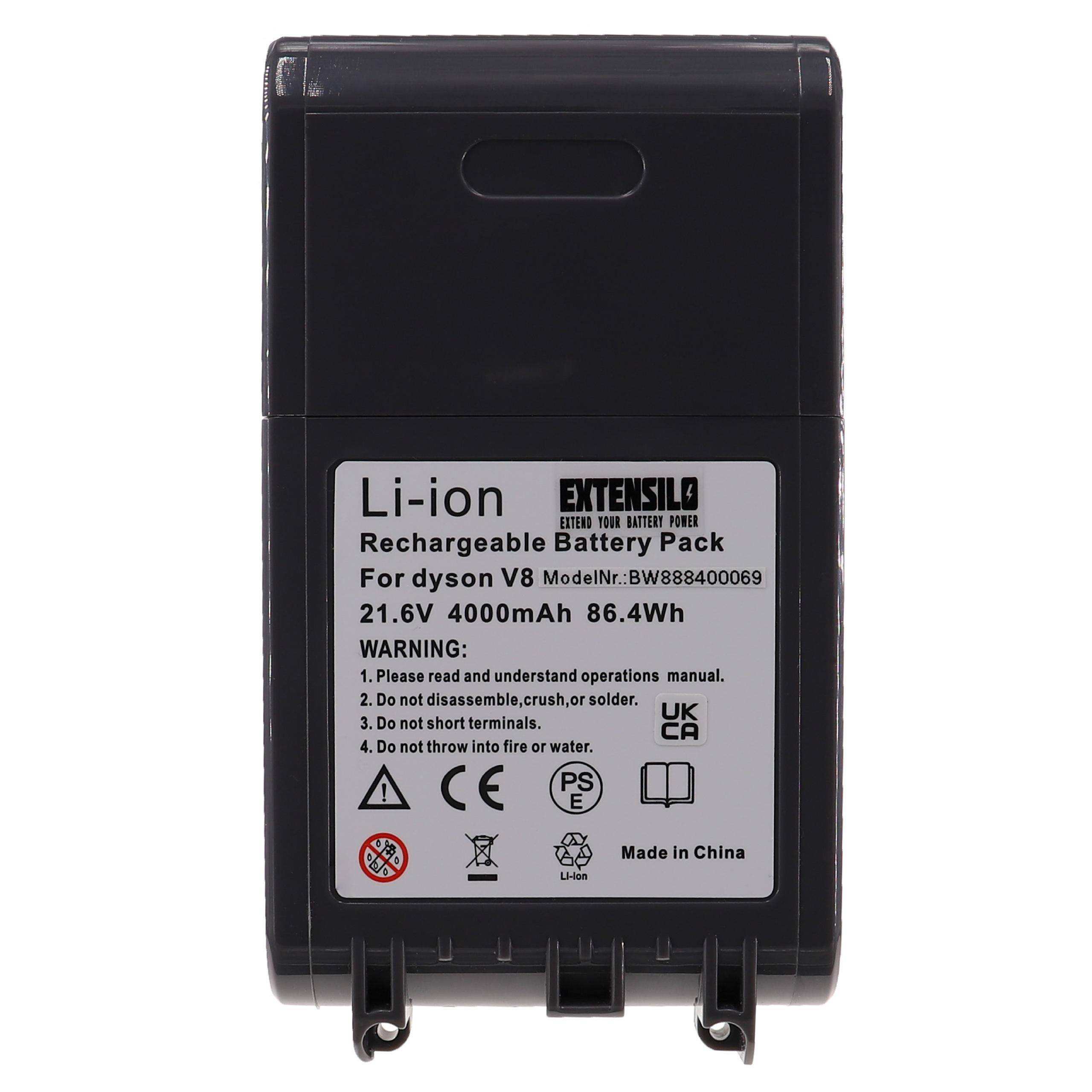 EXTENSILO Akku kompatibel mit Dyson SV10, V8, V8 Absolute Cord-Free, SV12, V8 Animal, V8 Absolute Staubsauger Schwarz (4000 mAh, 21,6 V, Li-Ion)