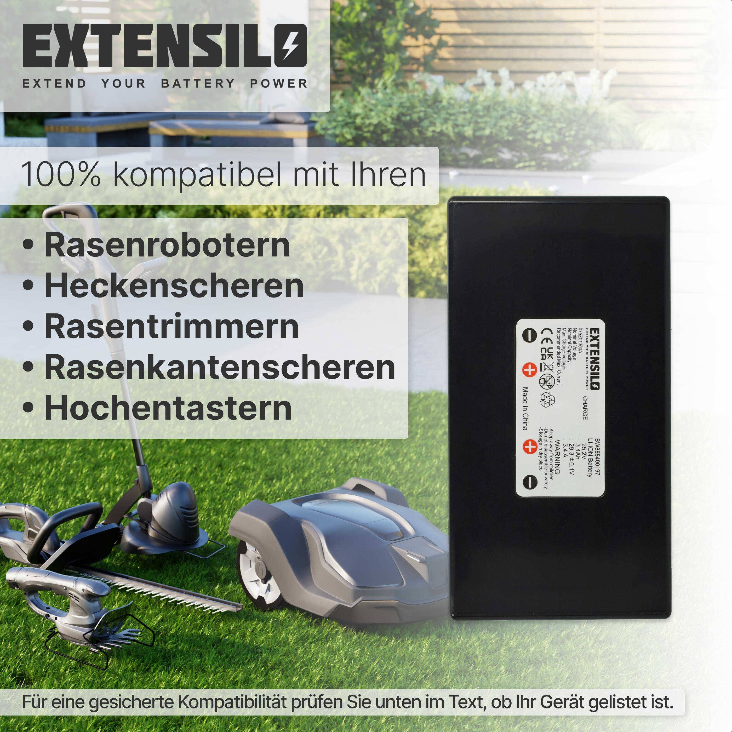 EXTENSILO Akku kompatibel mit Ambrogio L32, L35 Rasenmäher (3400mAh, 25,2V, Li-Ion)