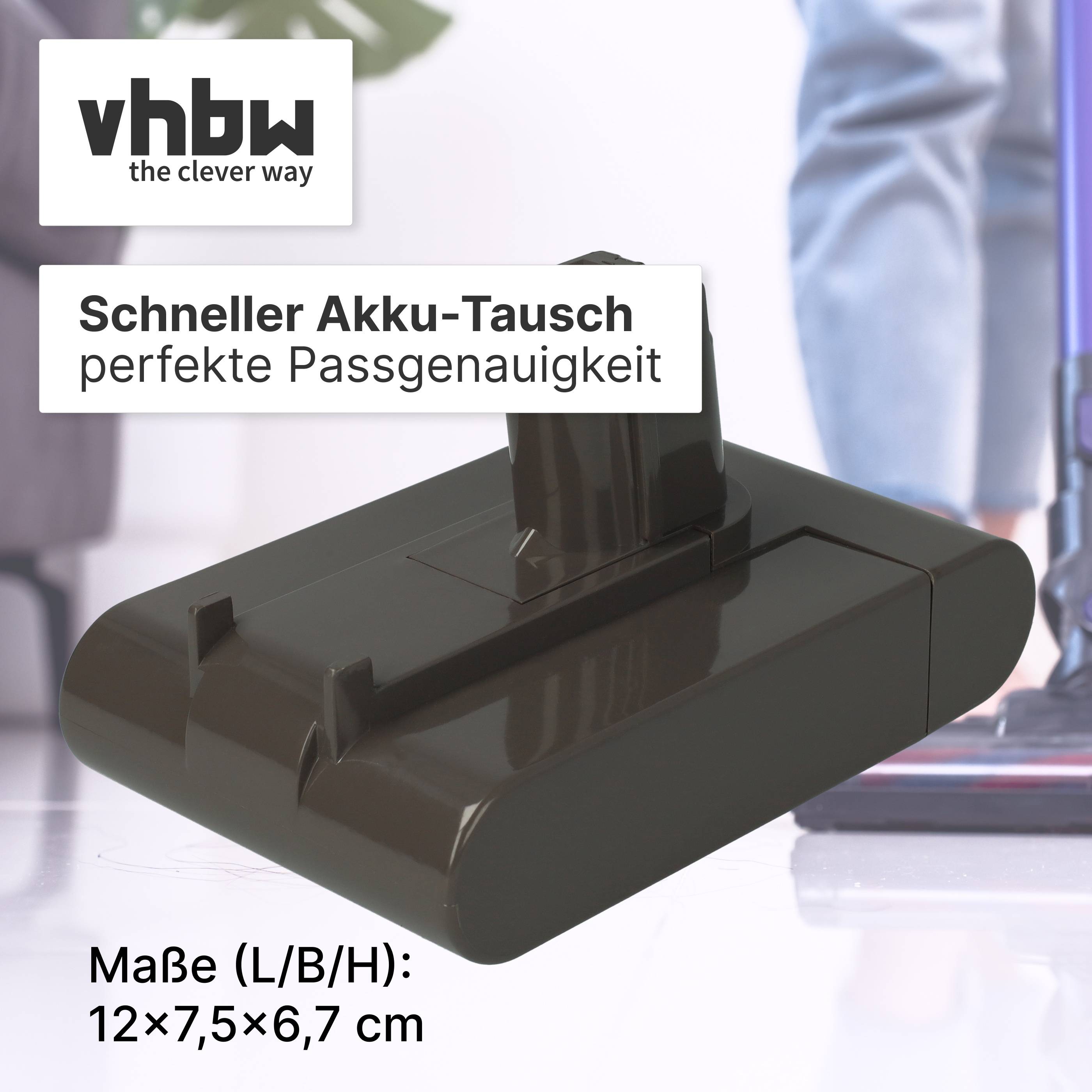 vhbw Batterieset mit Slogan „Schneller Akku-Tausch, perfekte Passgenauigkeit" und Abmessungen 12 x 7,5 x 6,7 cm