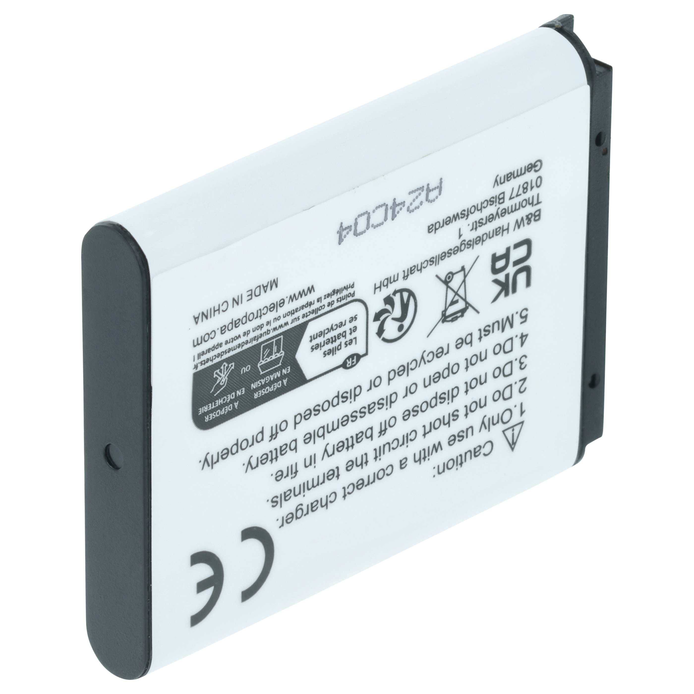 Rechteckige Lithium-Ionen-Batterie mit gedruckten technischen Spezifikationen und Sicherheitssymbolen auf dem Etikett, einschließlich Recycling- und Entsorgungswarnhinweisen.