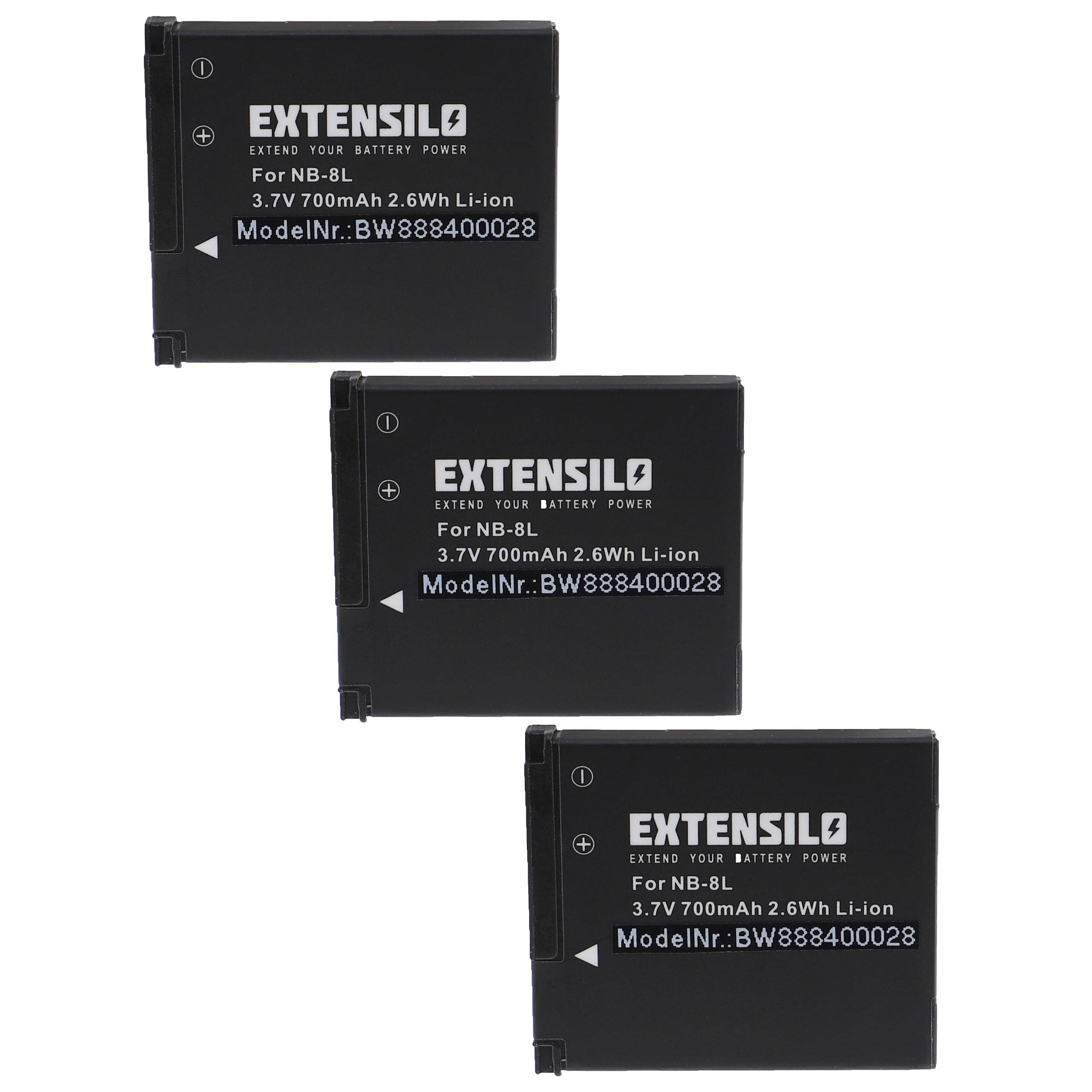 Drei schwarze Extensilo-Batterien, Modell NB-8L, 3,7V, 700mAh, 2,6Wh Li-Ionen, werden mit sichtbarer Modellnummer BW888400028 angezeigt.