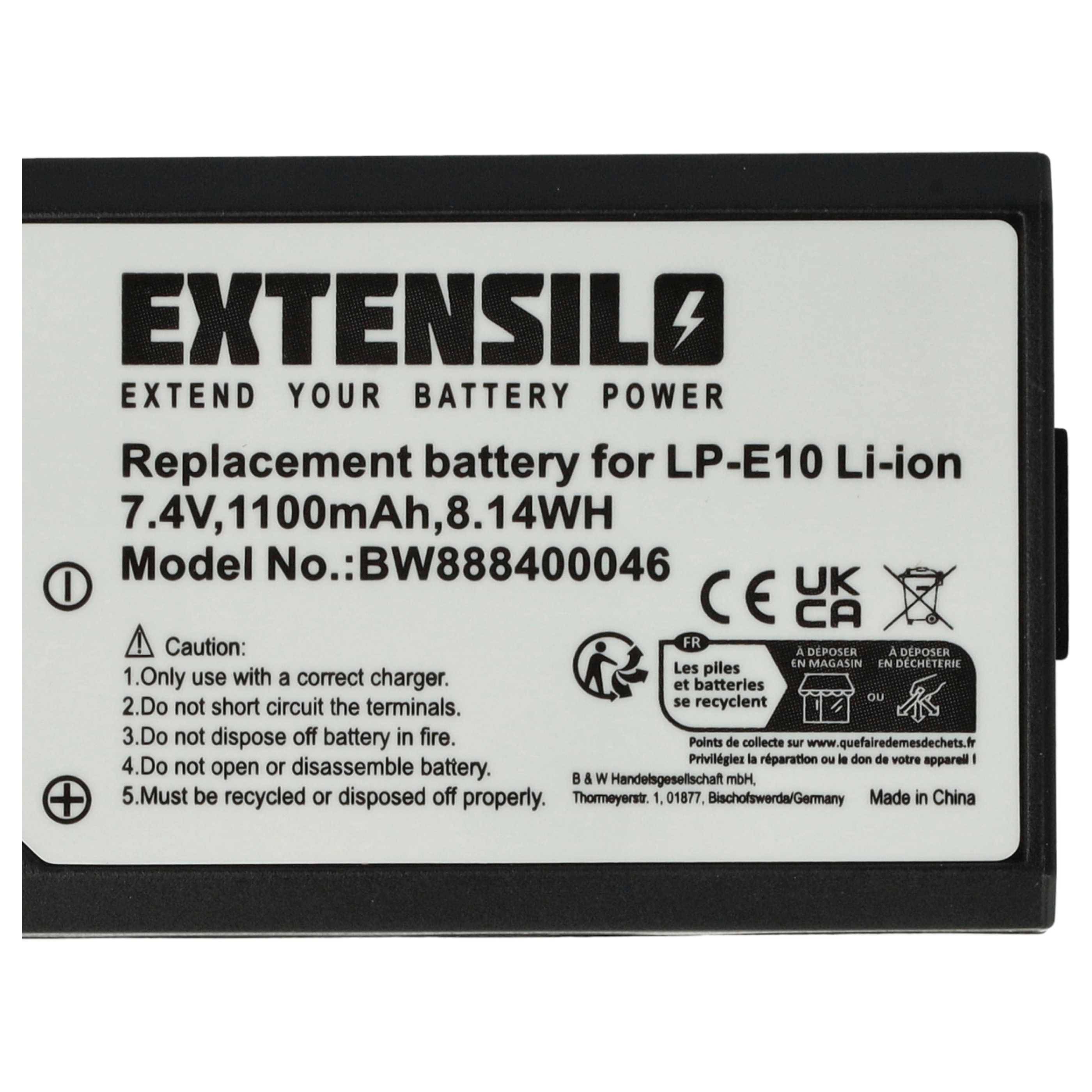 Ersatzbatterie für LP-E10 Li-Ionen, 7,4V, 1100mAh, 8,14Wh. Modell BW888400046. Verwendungsrichtlinien und Sicherheitssymbole enthalten.