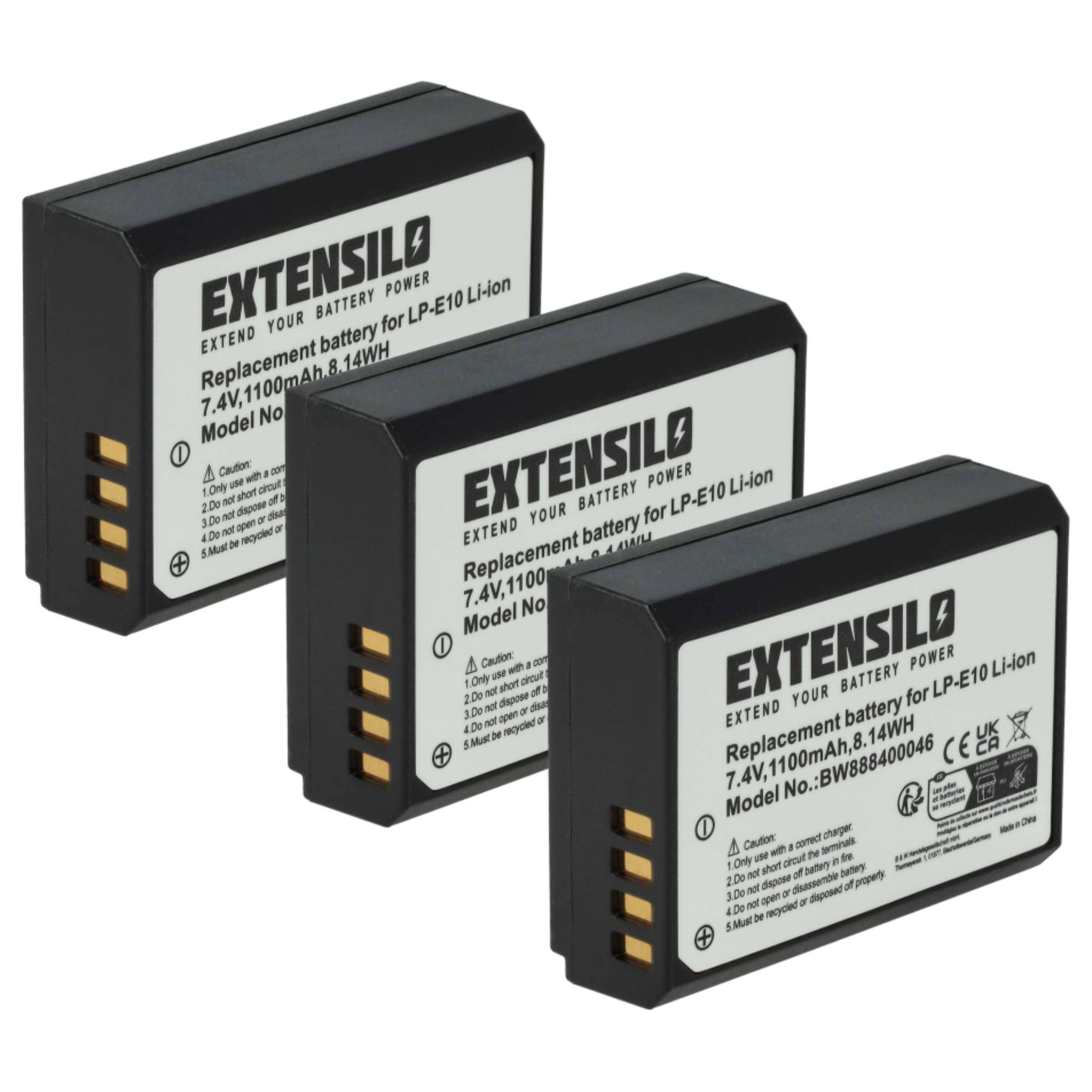 Drei Extensilo LP-E10 Lithium-Ionen wiederaufladbare Batterien, jeweils mit einer Kapazität von 7,4V, 1100mAh, 8,14Wh, geeignet für elektronische Geräte.