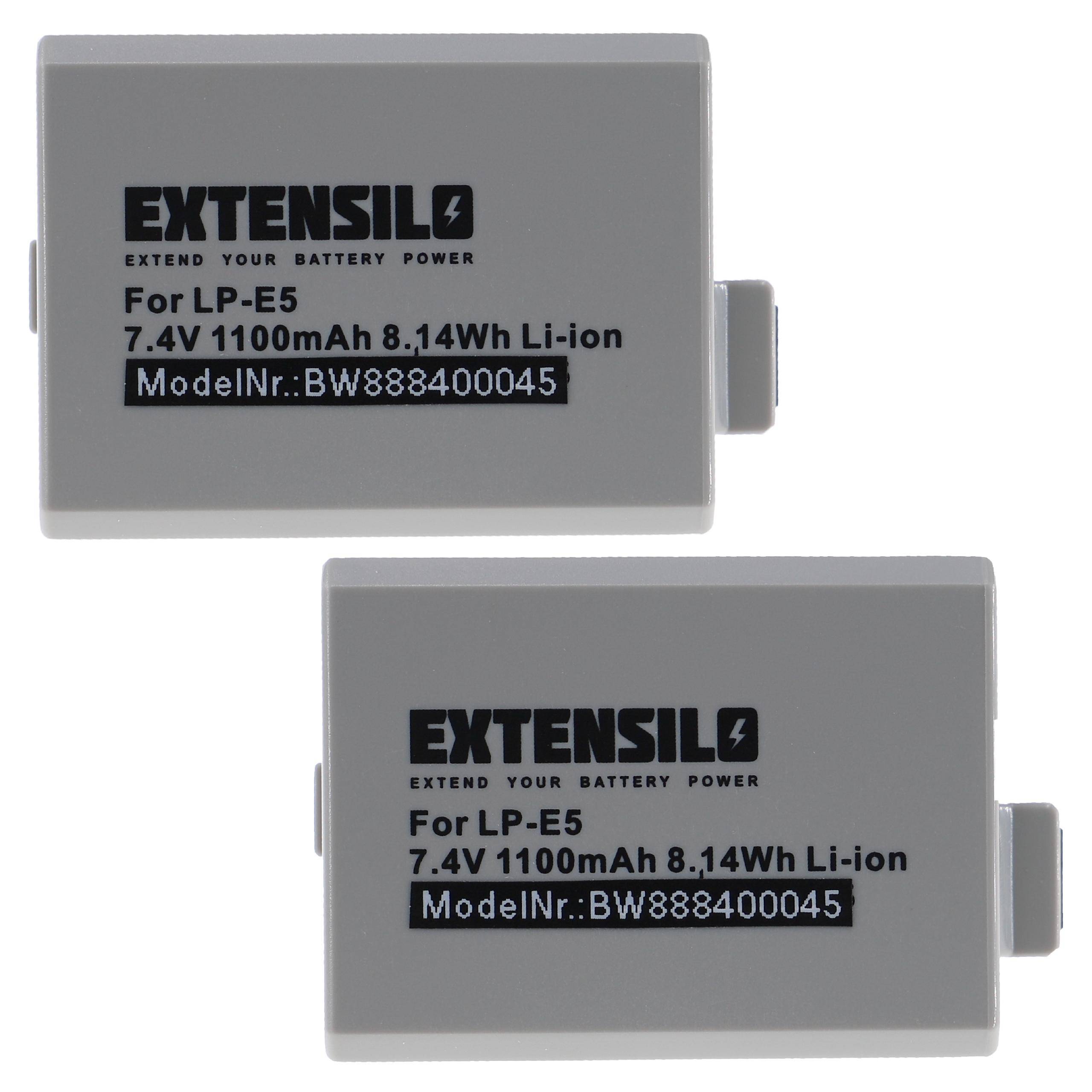 Zwei graue Extensil-Batterien mit der Bezeichnung „Für LP-E5, 7.4V 1100mAh 8.14Wh Li-ion, Modellnummer: BW88840045