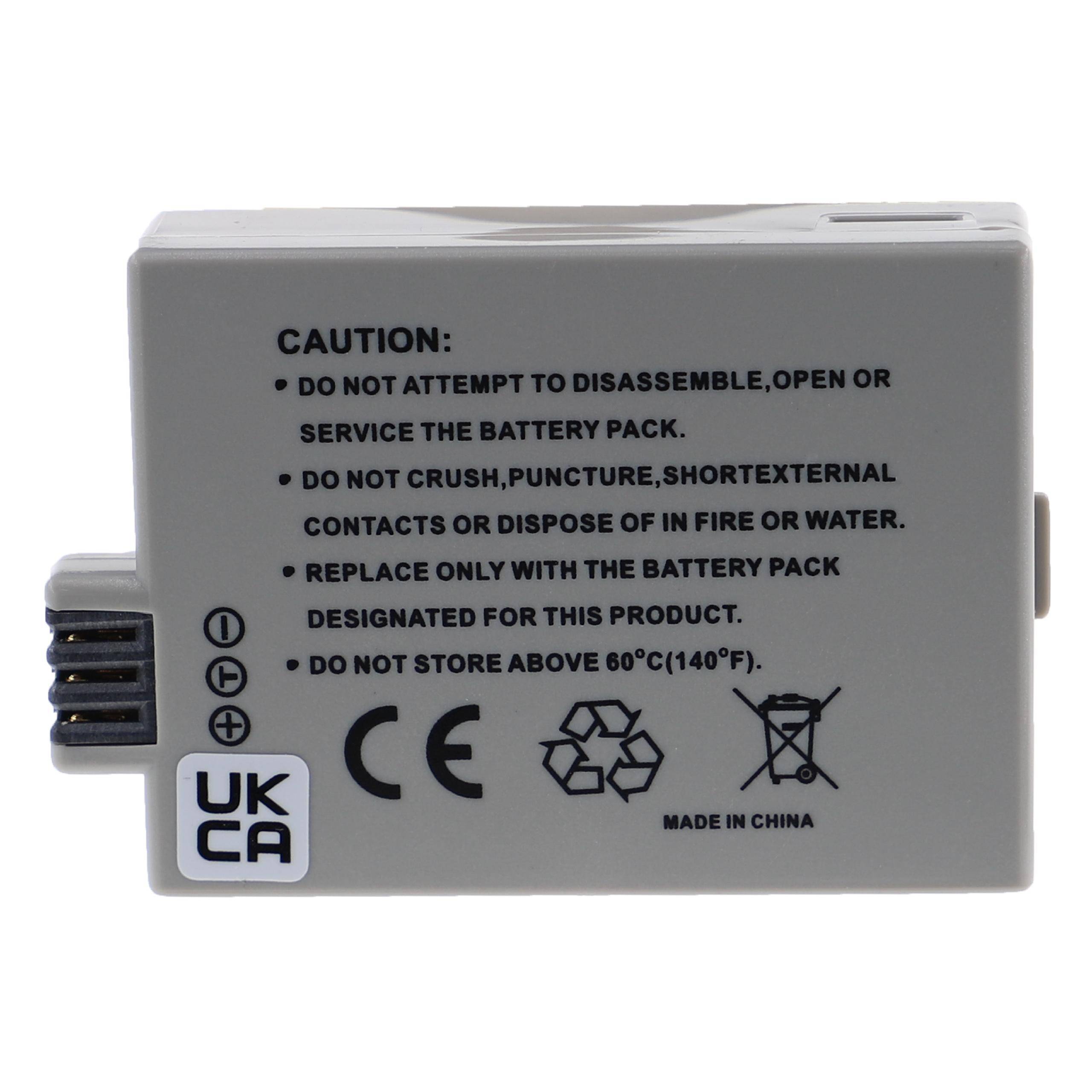 Batterie-Pack mit Sicherheitshinweisen: 'Nicht zerlegen, Außenkontakte nicht kurzschließen, nicht in Feuer/Wasser entsorgen.' Zeigt Recycling-Symbol und 'Made in China'-Etikett.