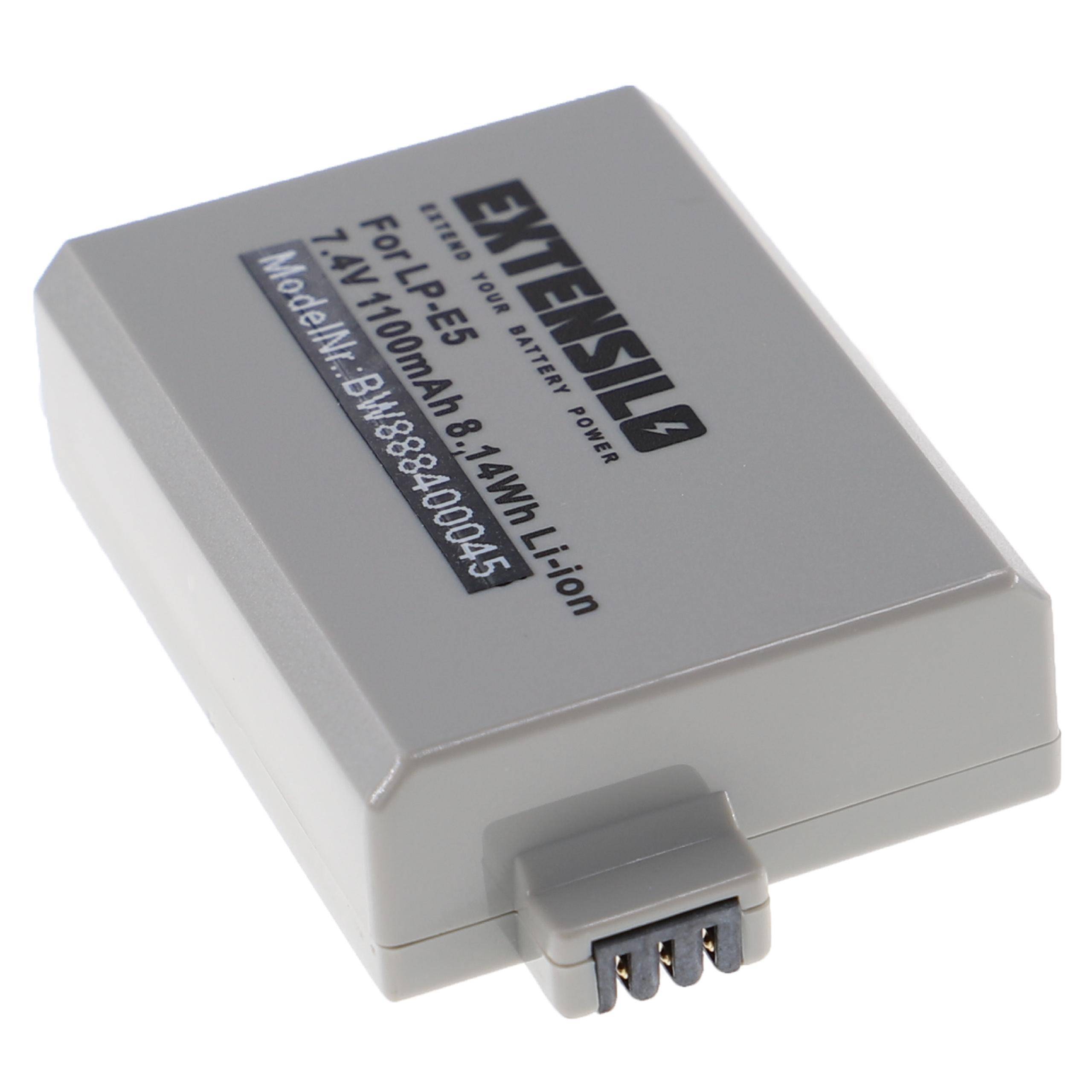 Akku mit Bezeichnung 'EXTENSILO'. Kompatibel mit LP-E5, 7,4V, 1100mAh, 8,14Wh, Lithium-Ionen, Modell-Nr.: BNM888400045. Graues Gehäuse mit Anschluss.