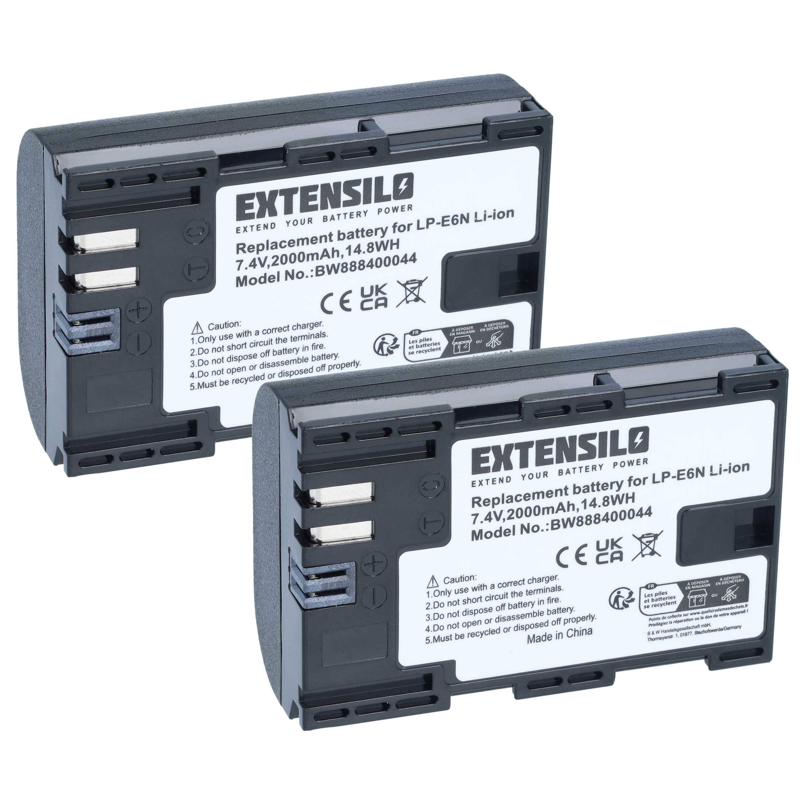 Zwei schwarze EXTENSIL Ersatz-Kamerabatterien mit der Bezeichnung LP-E6N Li-Ion, 7,4V 2000mAh 14,8Wh, auf weißem Hintergrund dargestellt.