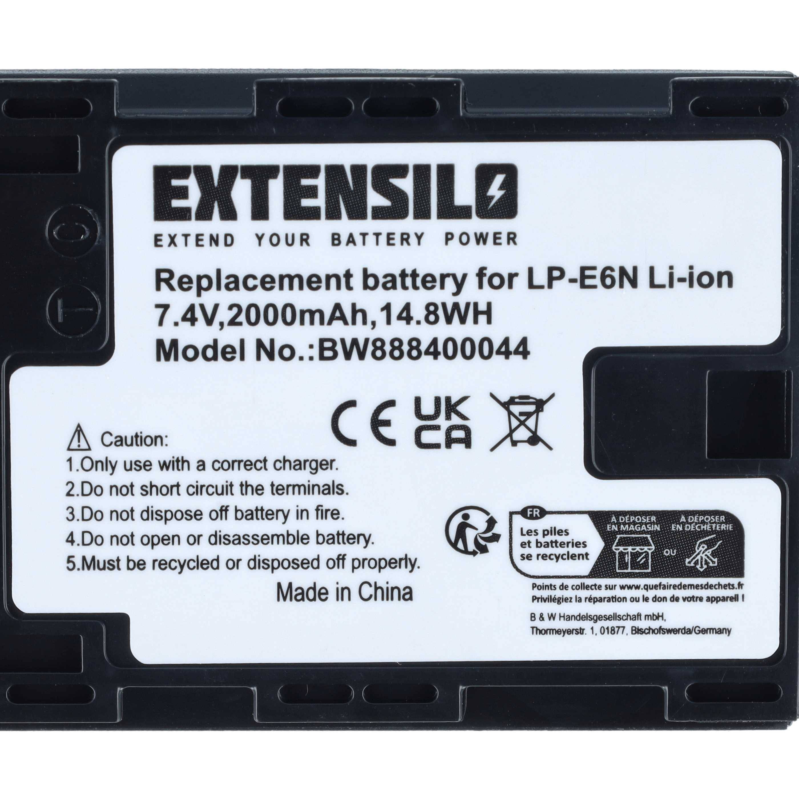 EXTENSIL Ersatz-LP-E6N-Lithium-Ionen-Akku, 7,4V 2000mAh 14,8Wh, mit Sicherheitswarnungen und Zertifizierungszeichen.