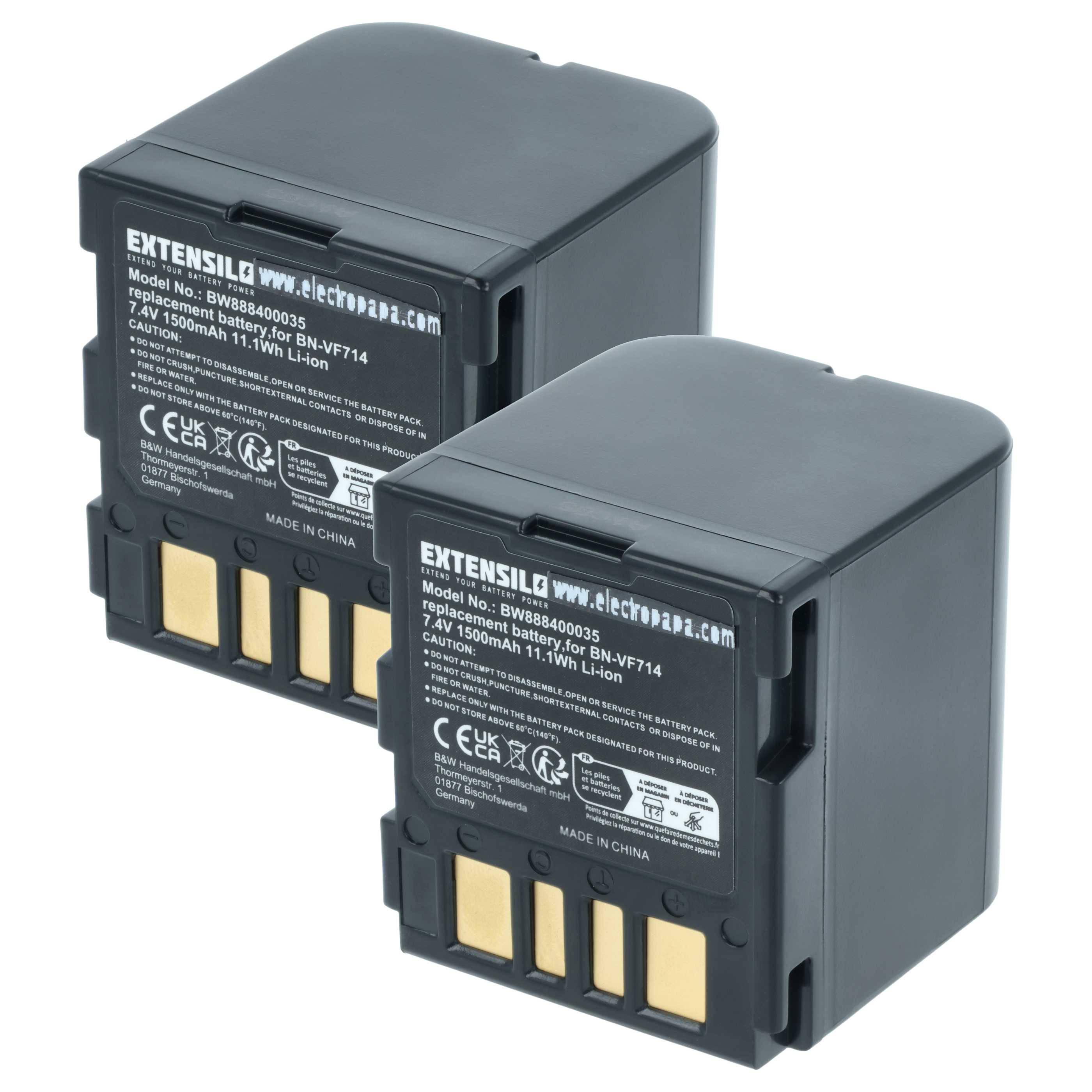 Zwei schwarze Lithium-Ionen-Akkus mit Goldkontakten, beschriftet mit 'EXTENSILO', Modell BW800540003, 7,4V, 1500mAh, CE-zertifiziert, hergestellt in China.