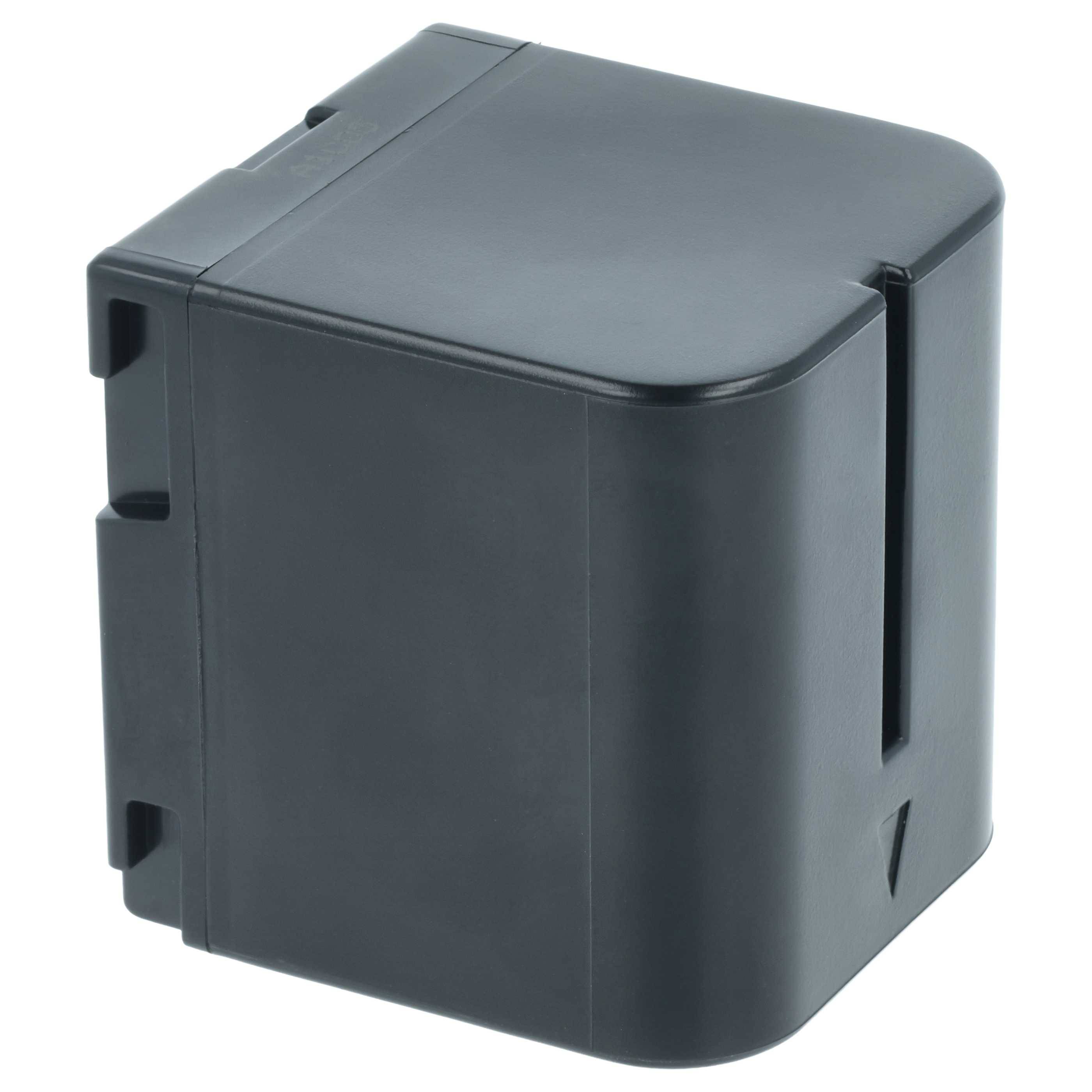 Ein rechteckiges, schwarzes Kunststoffgehäuse mit vertikalen Rillen und einer Aussparung an einer Seite, ausgelegt für elektronische Komponenten oder Batterien.