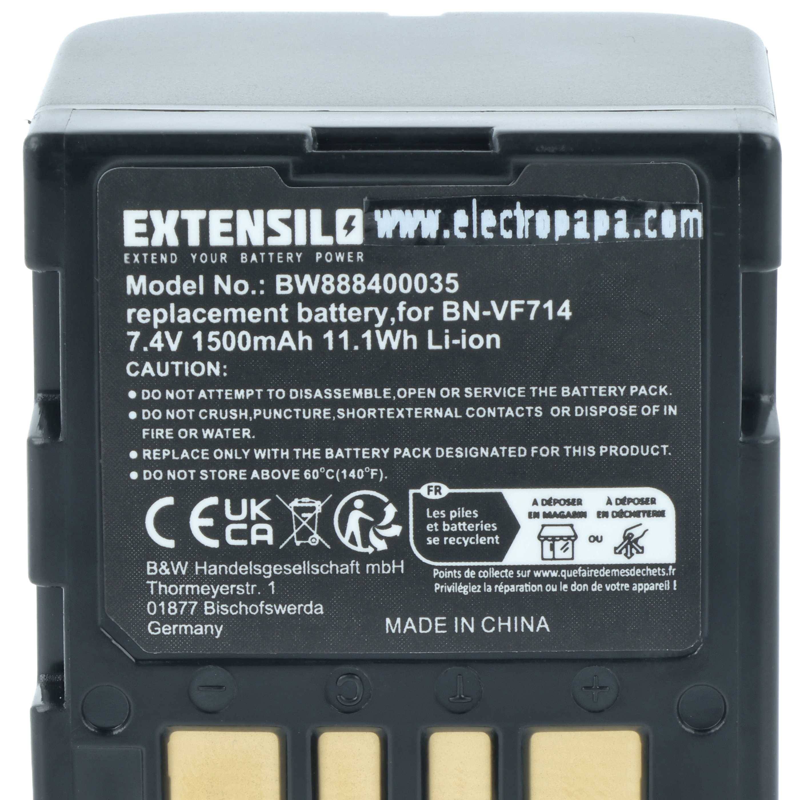 Eine Kamera-Batterie mit der Aufschrift 'EXTENSILO Ersatz für BN-VF714', 7,4V, 1500mAh, 11,1Wh, mit Sicherheitshinweisen und Herstellerangaben.