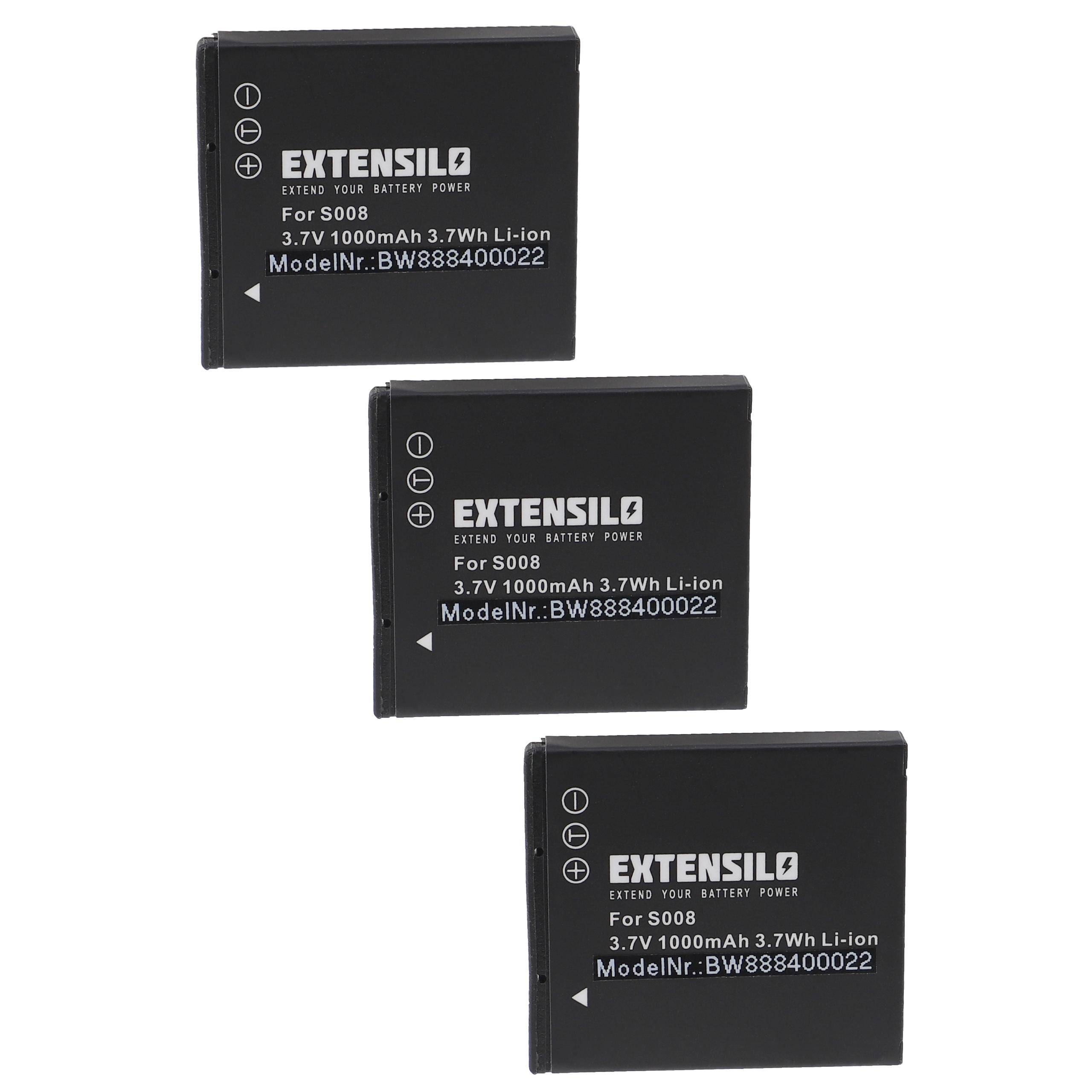 Drei schwarze Lithium-Ionen-Akkus der Marke 'EXTENSILO' für S008, jeweils mit 3,7V und 1000mAh Kapazität, vertikal auf weißem Hintergrund angeordnet.