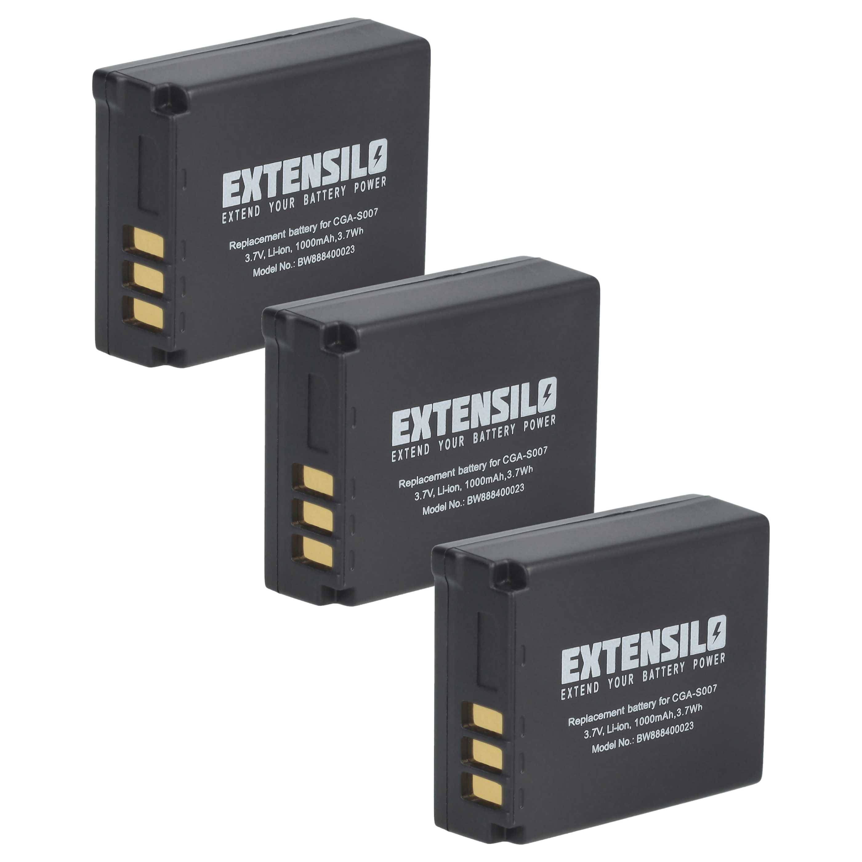 EXTENSILO 3x Akku Ersatz für Panasonic CGA-S007E, CGA-S007A/B, CGA-S007, CGA-S007A/1B für Kamera (1000 mAh, 3,7 V, Li-Ion)