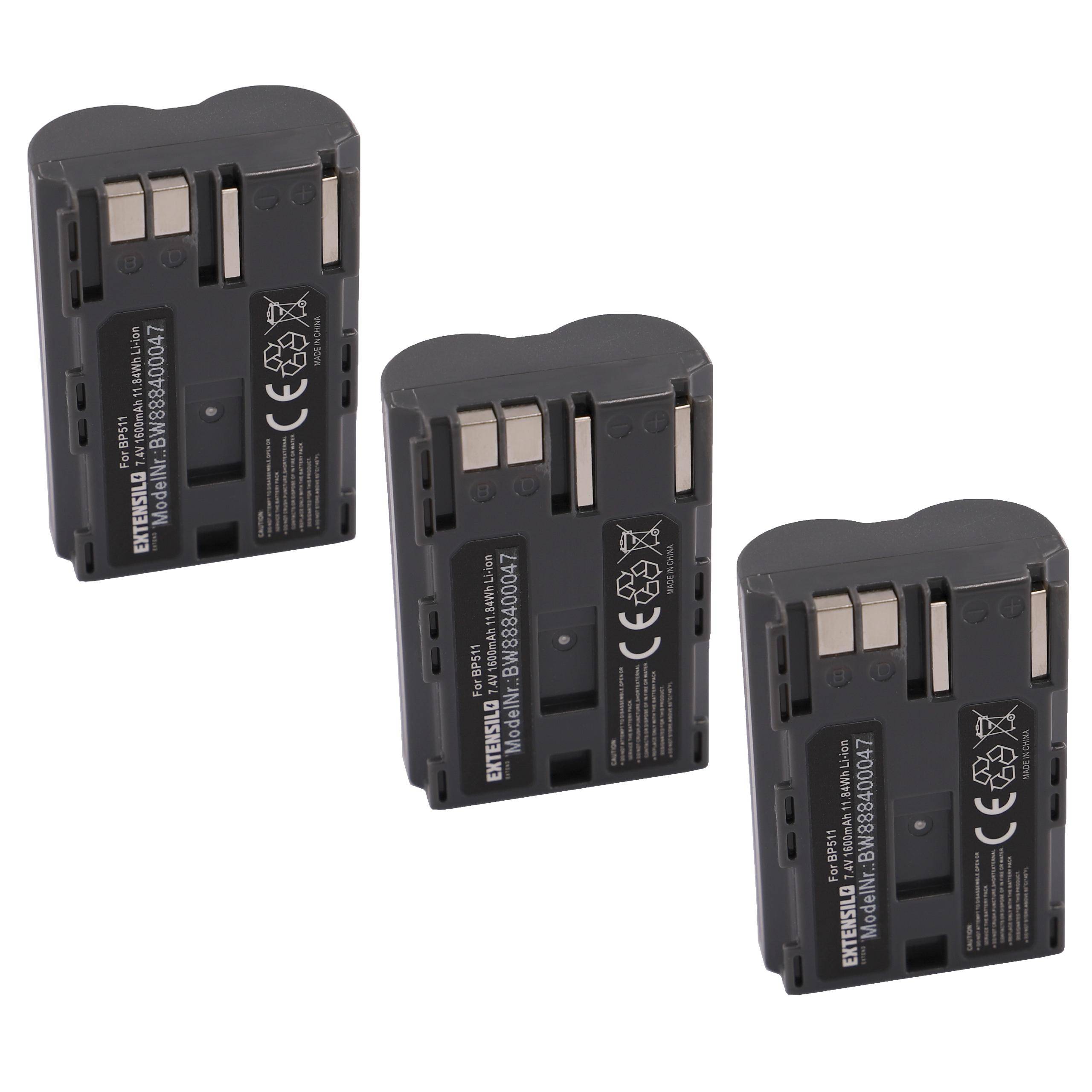EXTENSILO 3x Akku Ersatz für Canon BP-508, BP-535, BP-511A, BP-511, BP-522, BP-512, BP-514 für Kamera (1600 mAh, 7,4 V, Li-Ion)