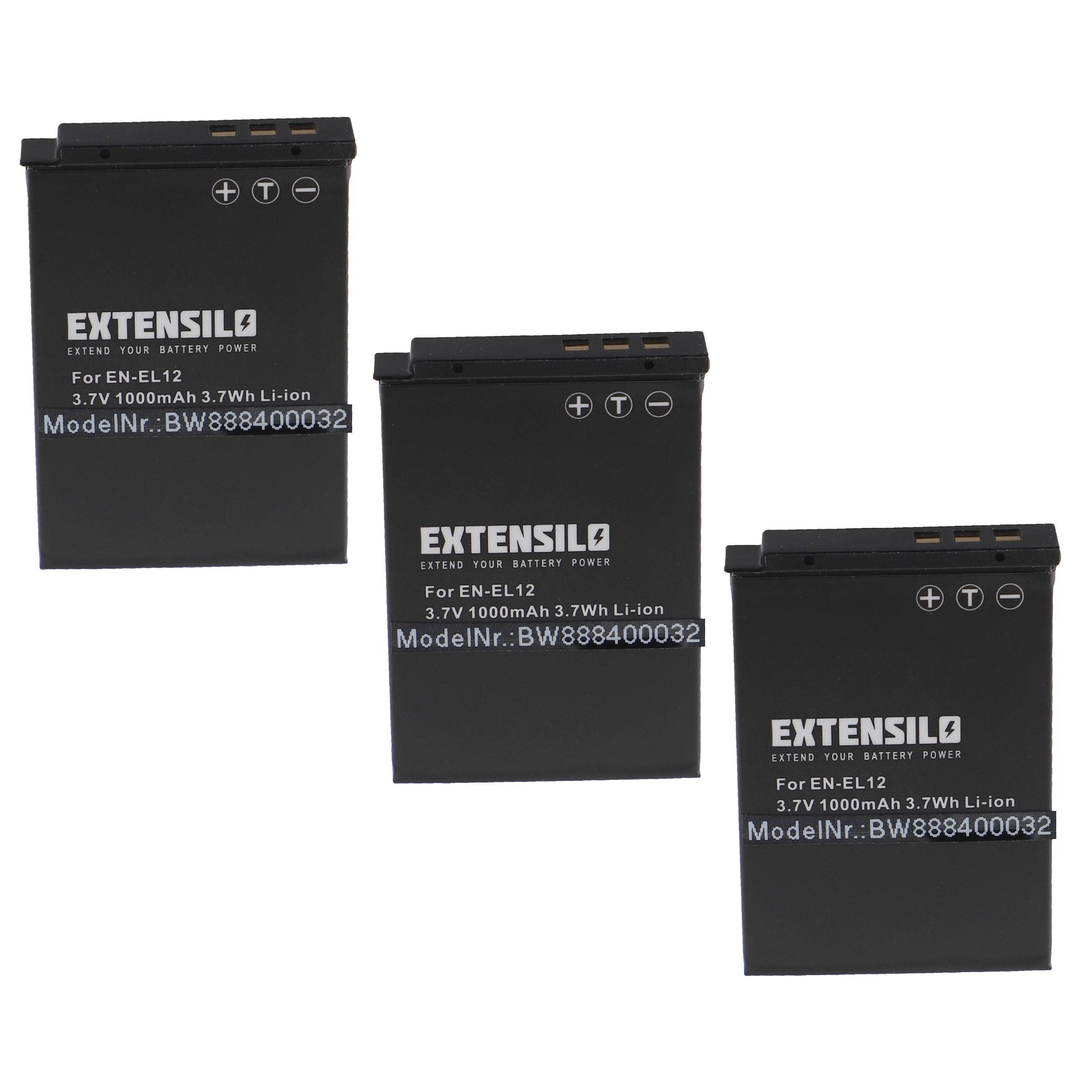 EXTENSILO 3x Akku kompatibel mit Nikon Coolpix S8000, S70, S620, S640, S630, S6300, S800c, S6200, S710 Kamera (1000 mAh, 3,7 V, Li-Ion)