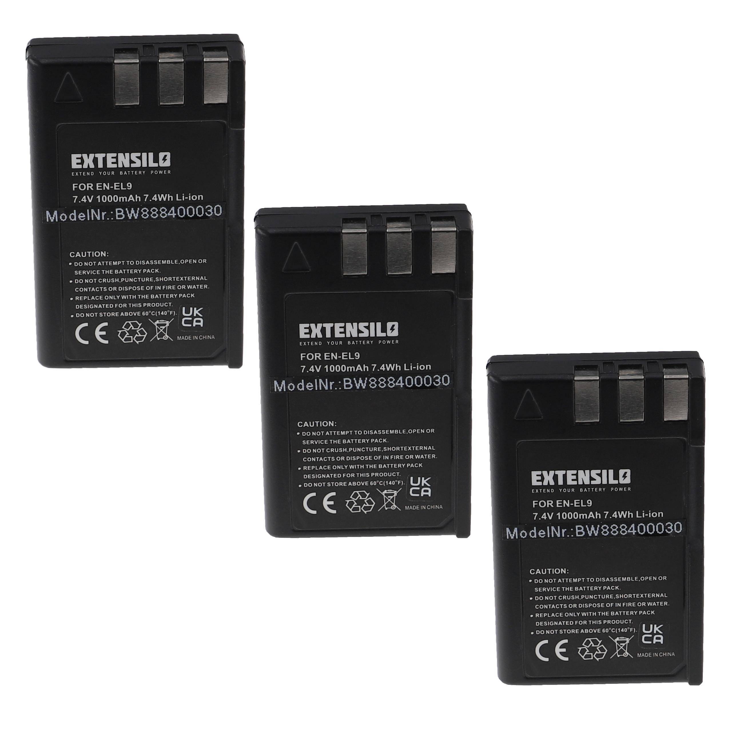 Drei schwarze Extensilo Lithium-Ionen-Batterien mit Bezeichnung für EN-EL9, 1800mAh, mit Sicherheitssymbolen und Modellnummer BW888400030.