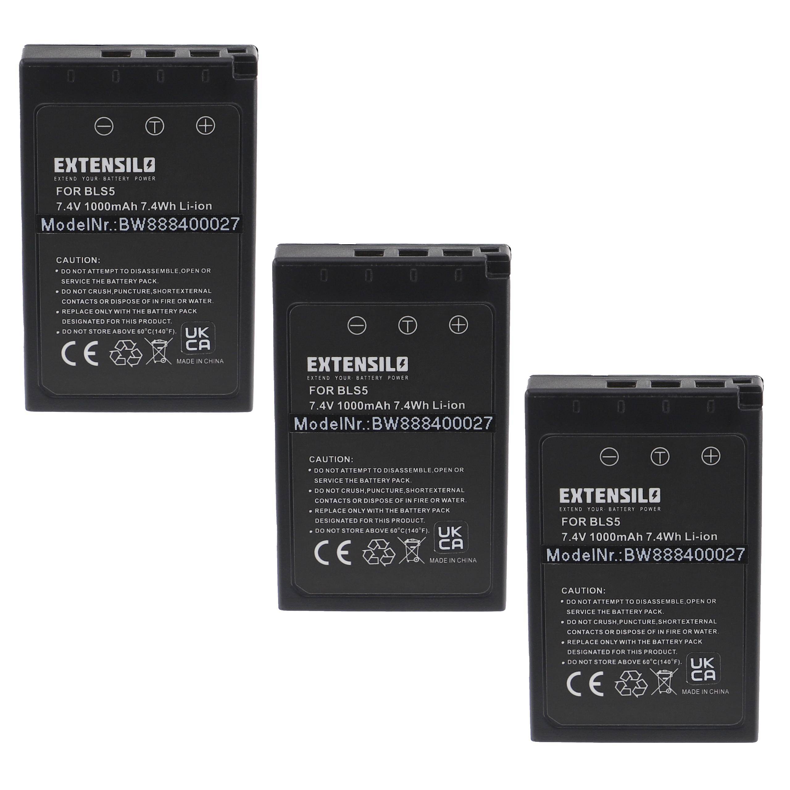 EXTENSILO 3x Akku kompatibel mit Olympus OM-D E-M5 Mark III, E-M10 Mark IV Kamera (1000 mAh, 7,4 V, Li-Ion), Infochip