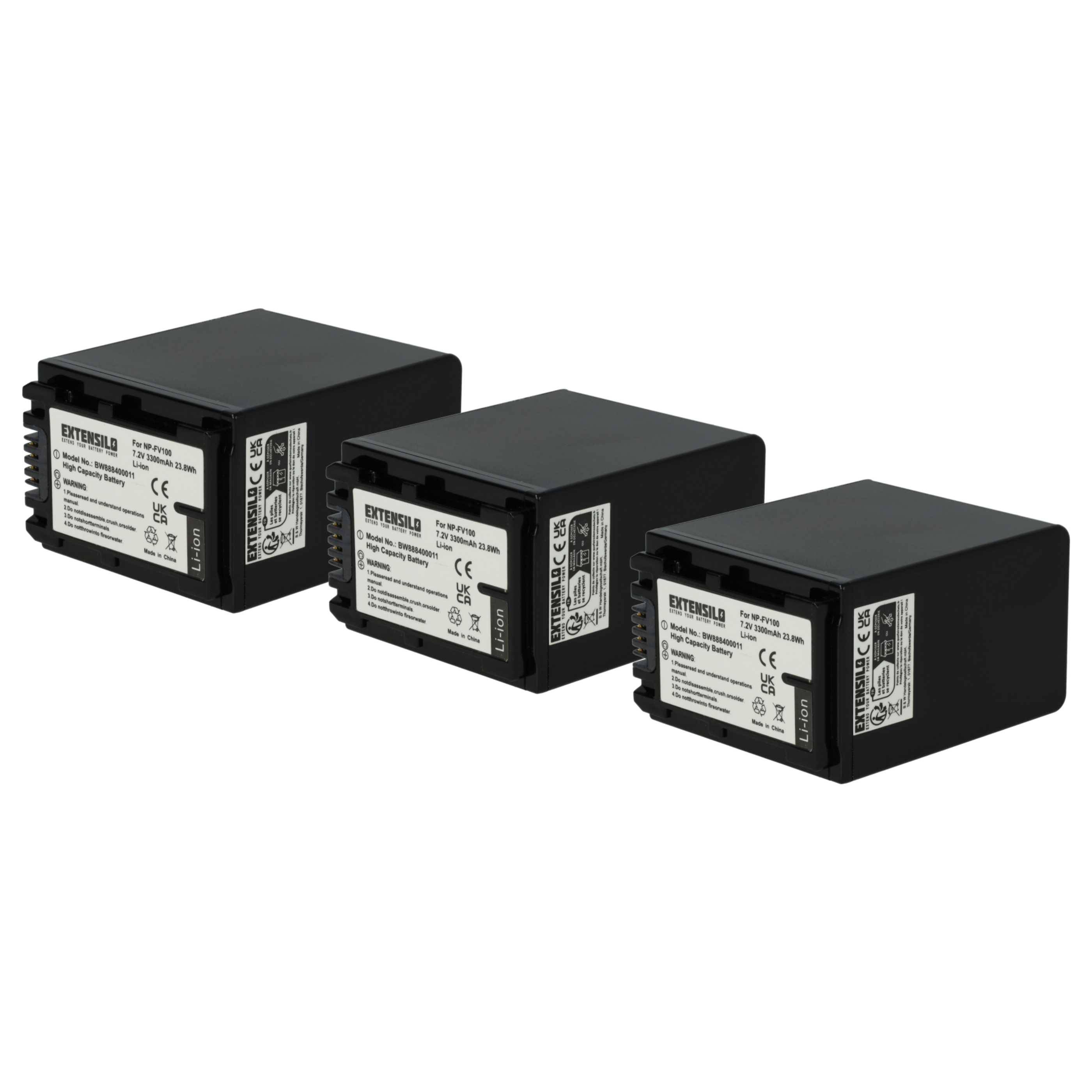 EXTENSILO 3x Akku kompatibel mit Sony HDR-CX410VE, HDR-CX360VE, HDR-CX450, HDR-CX370V, HDR-CX370 Kamera (3300 mAh, 7,4 V, Li-Ion)