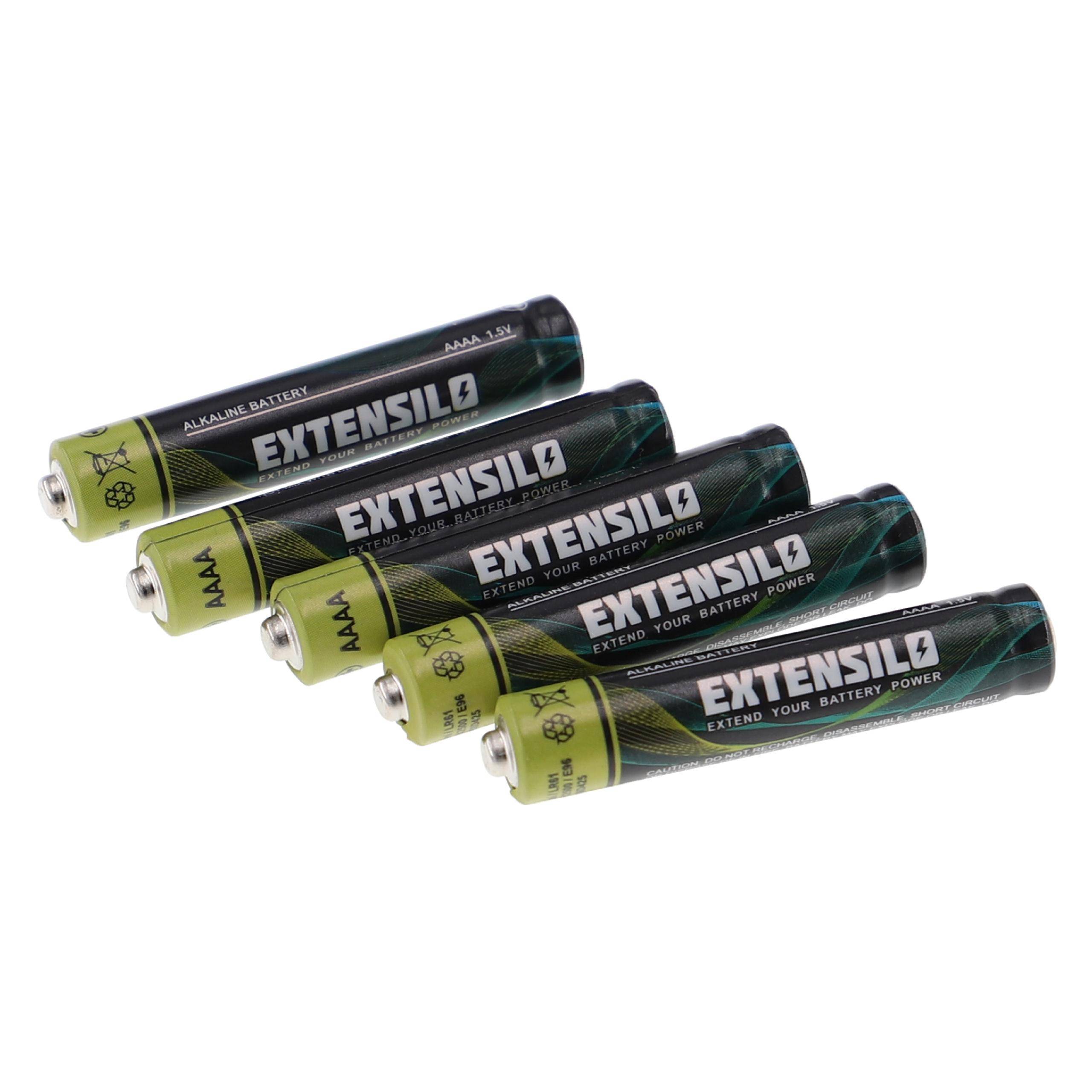 Vier AAA Extensilo Alkaline-Batterien nebeneinander liegend.