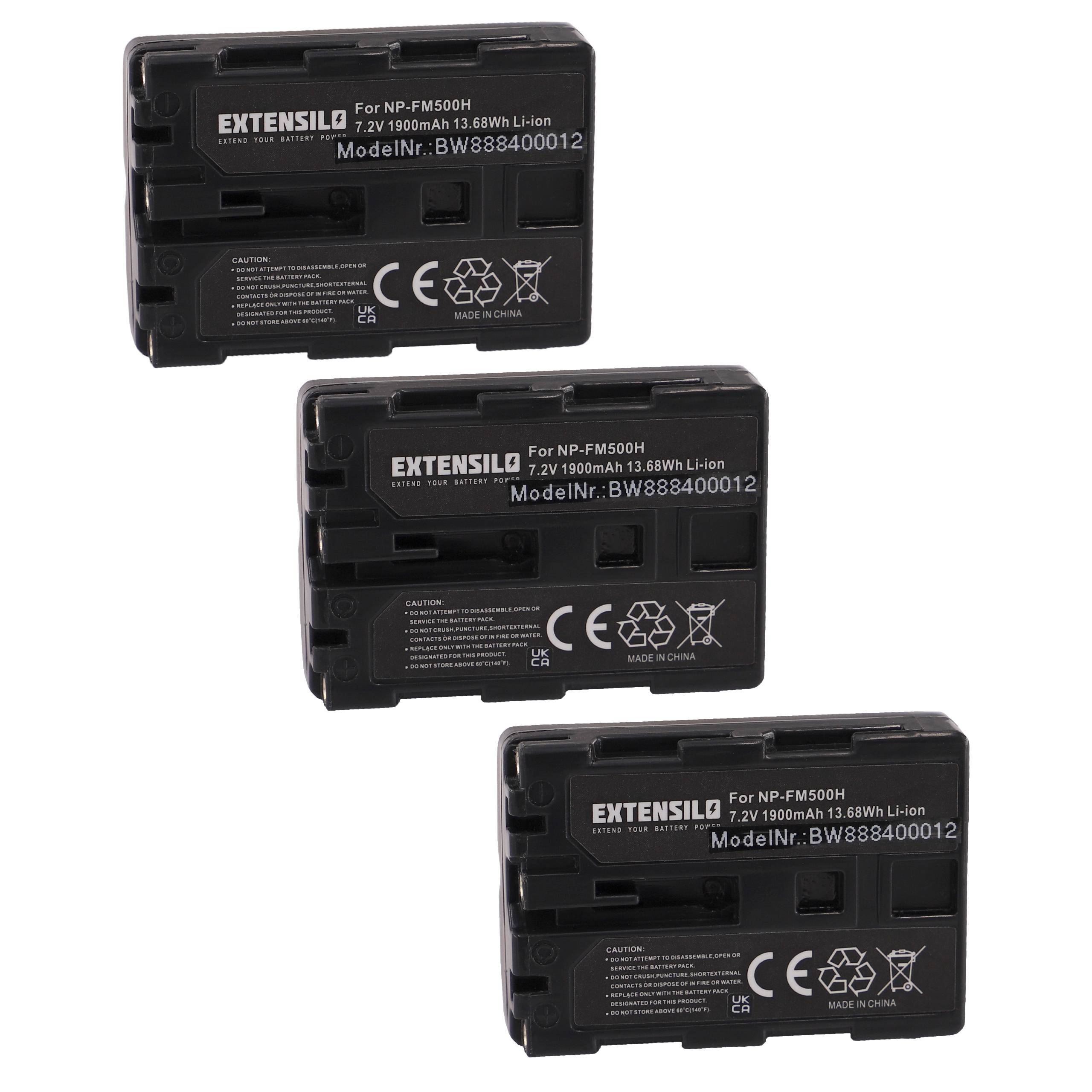 Drei schwarze Lithium-Ionen-Kamerabatterien mit der Bezeichnung „EXTENSILO Für NP-FM500H, 7,2V, 1900mAh