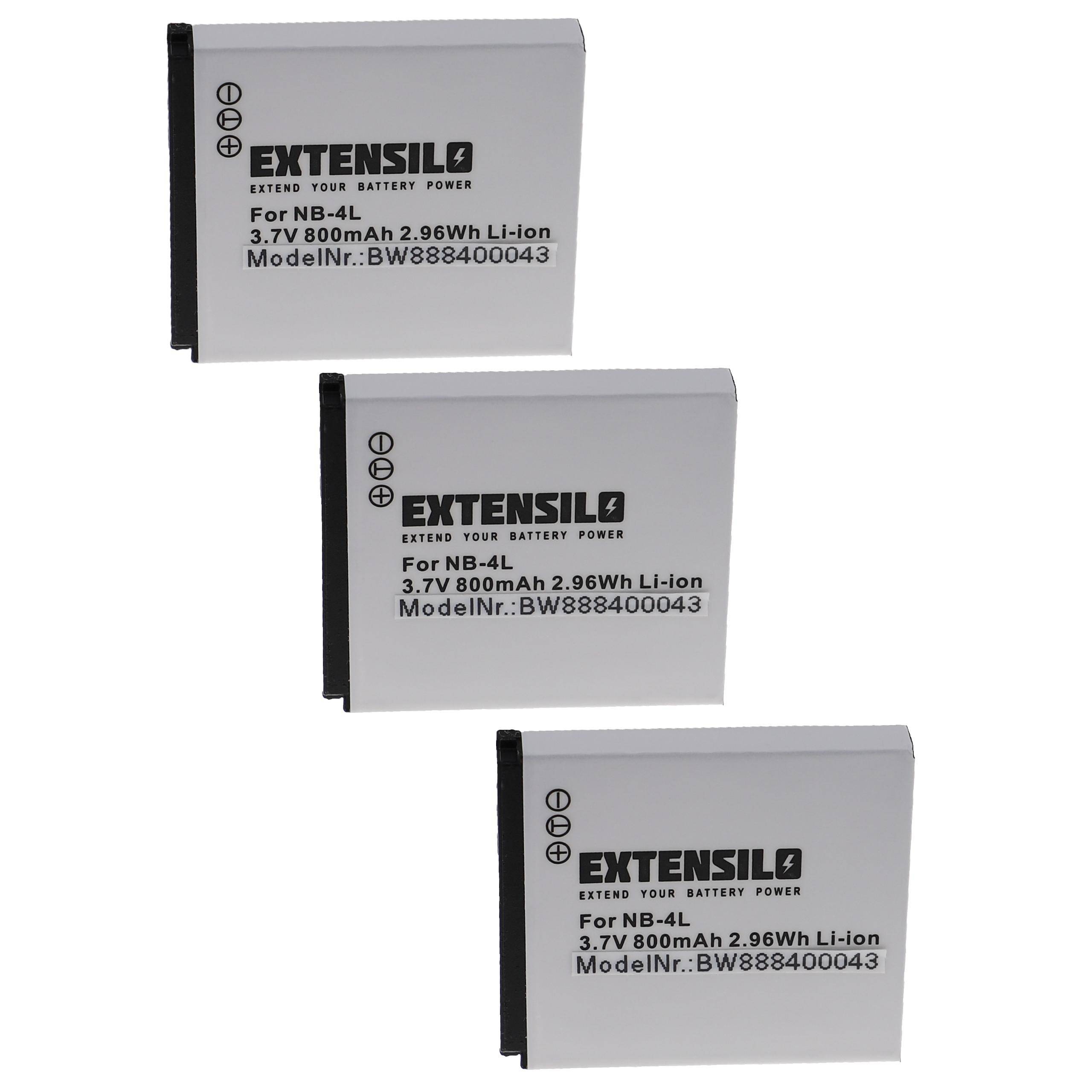 Drei rechteckige Extensilo-Batterien für NB-4L, 3,7V 800mAh 2,96Wh Li-Ion, gekennzeichnet mit der Modellnummer BW884800043.