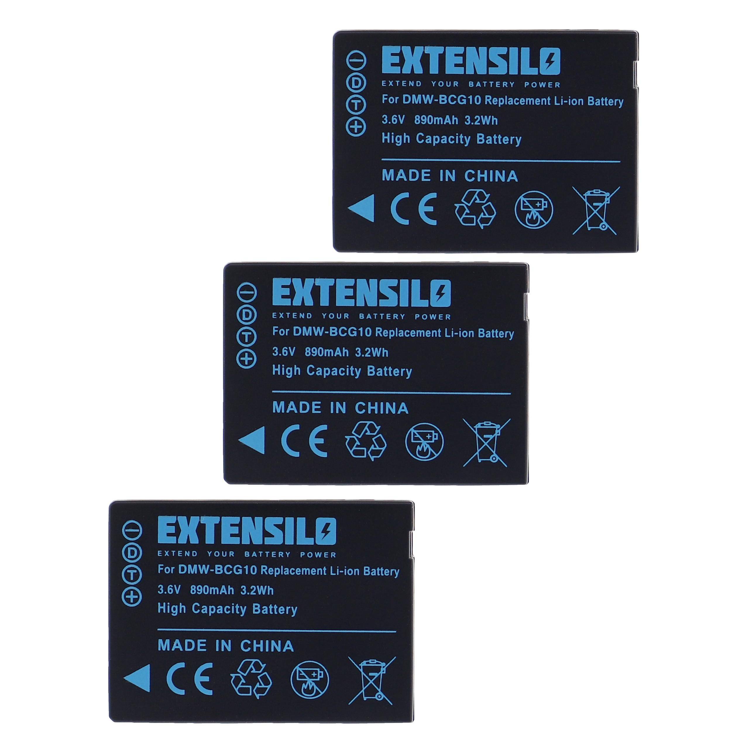 EXTENSILO 3x Akku Ersatz für Panasonic DMW-BCG10E, DMW-BCG10 für Kamera (890 mAh, 3,6 V, Li-Ion)