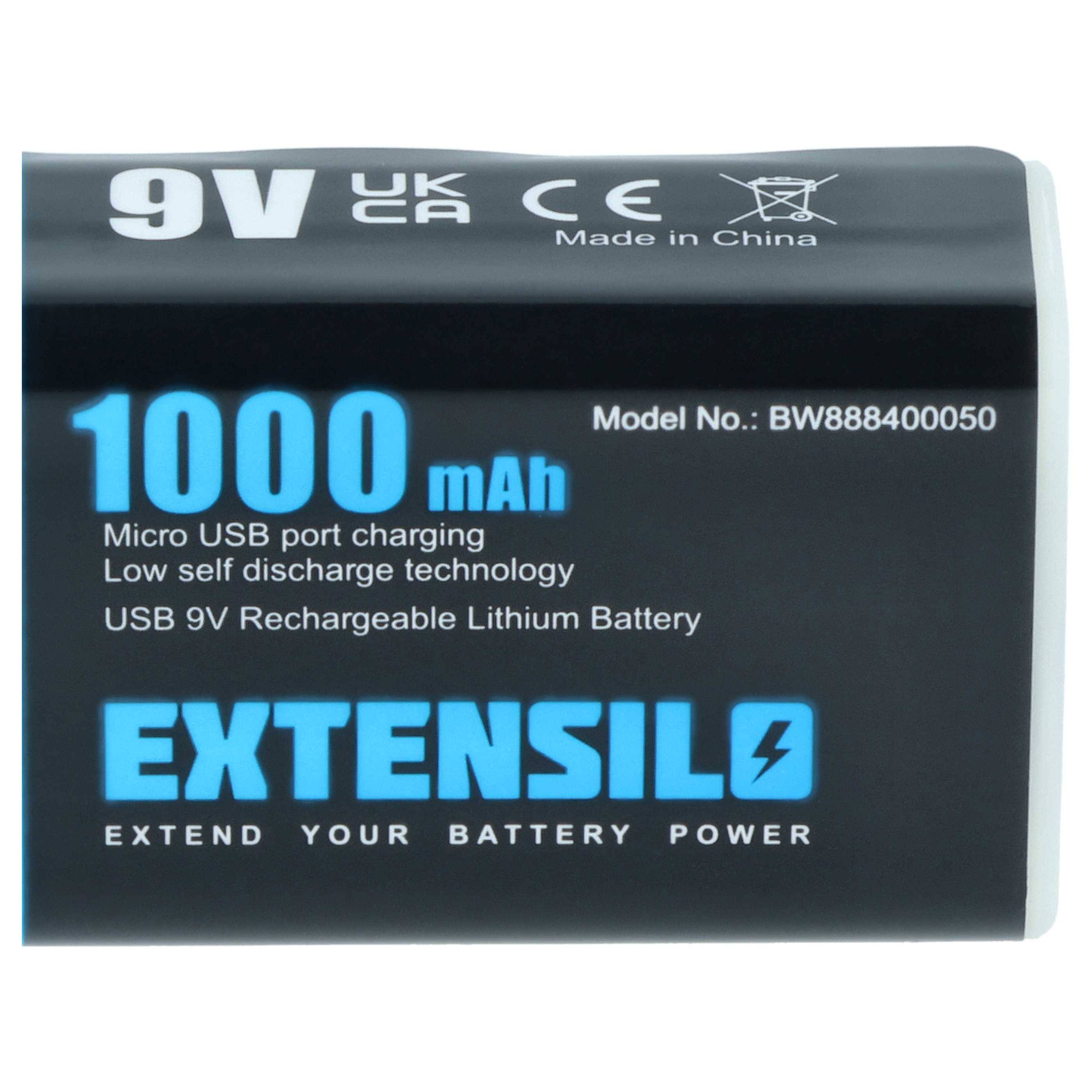 EXTENSILO 4x 9V-Akku Block für diverse Geräte (1 Ah, 9 V, Li-Ion), ready-to-use, mit Micro USB Buchse