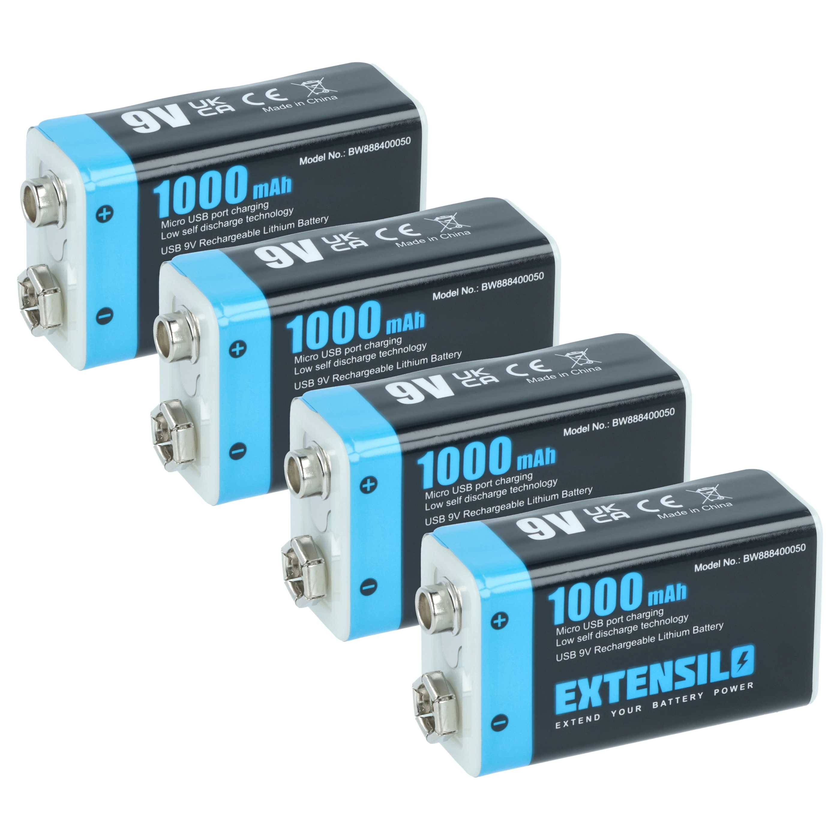 EXTENSILO 4x 9V-Akku Block für diverse Geräte (1 Ah, 9 V, Li-Ion), ready-to-use, mit Micro USB Buchse