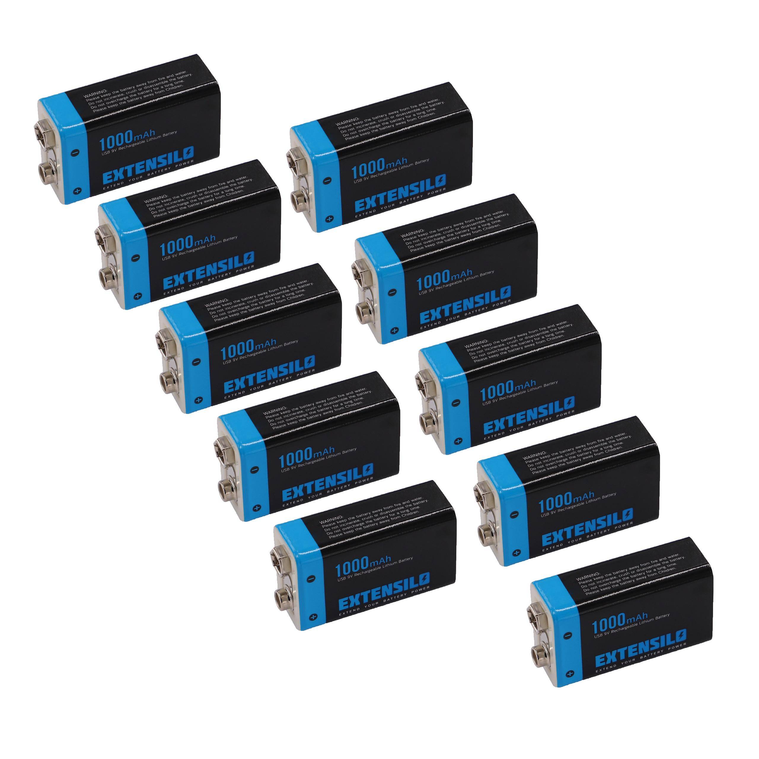 EXTENSILO 10x 9V-Akku Block für diverse Geräte (1 Ah, 9 V, Li-Ion), ready-to-use, mit Micro USB Buchse