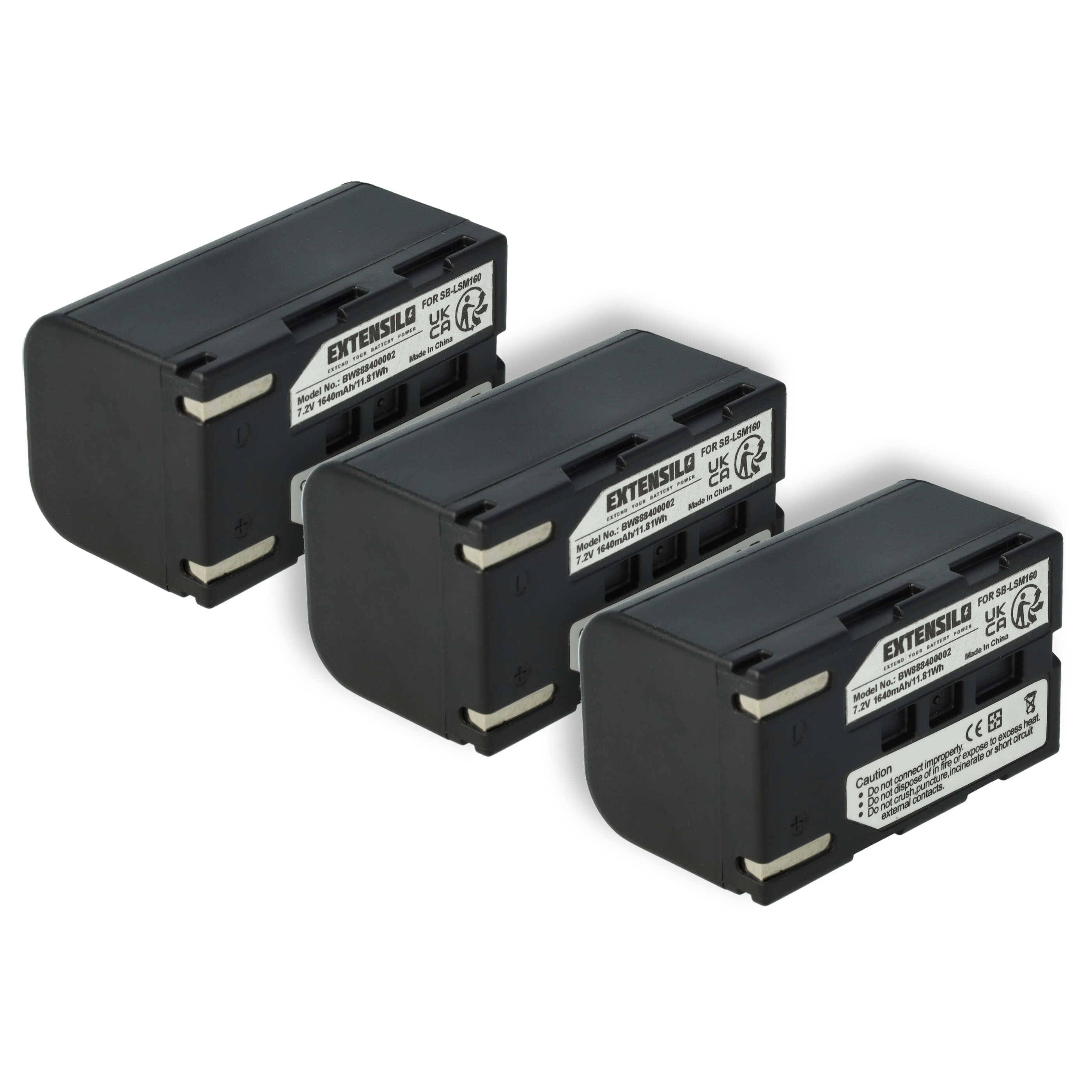 Drei schwarze wiederaufladbare Batteriepacks mit Sicherheitsetiketten und Modellinformationen auf weißem Hintergrund.