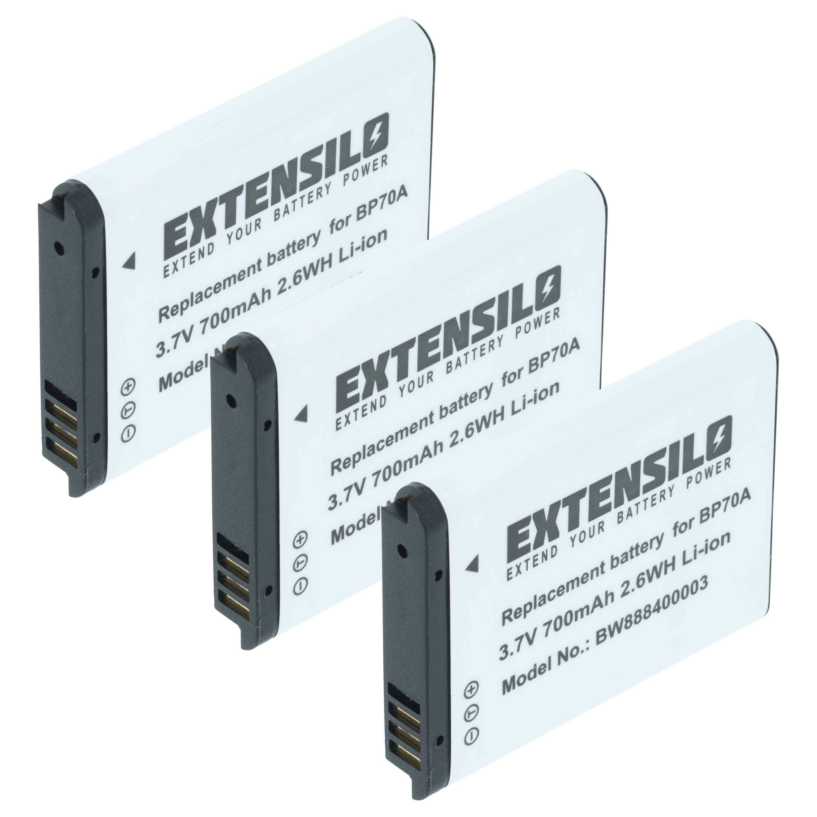 Drei Ersatzbatterien mit der Bezeichnung 'EXTENSILO', mit Modell BP70A, 3,7V, 700mAh, 2,6Wh Li-Ion, Modellnummer BW888400003.